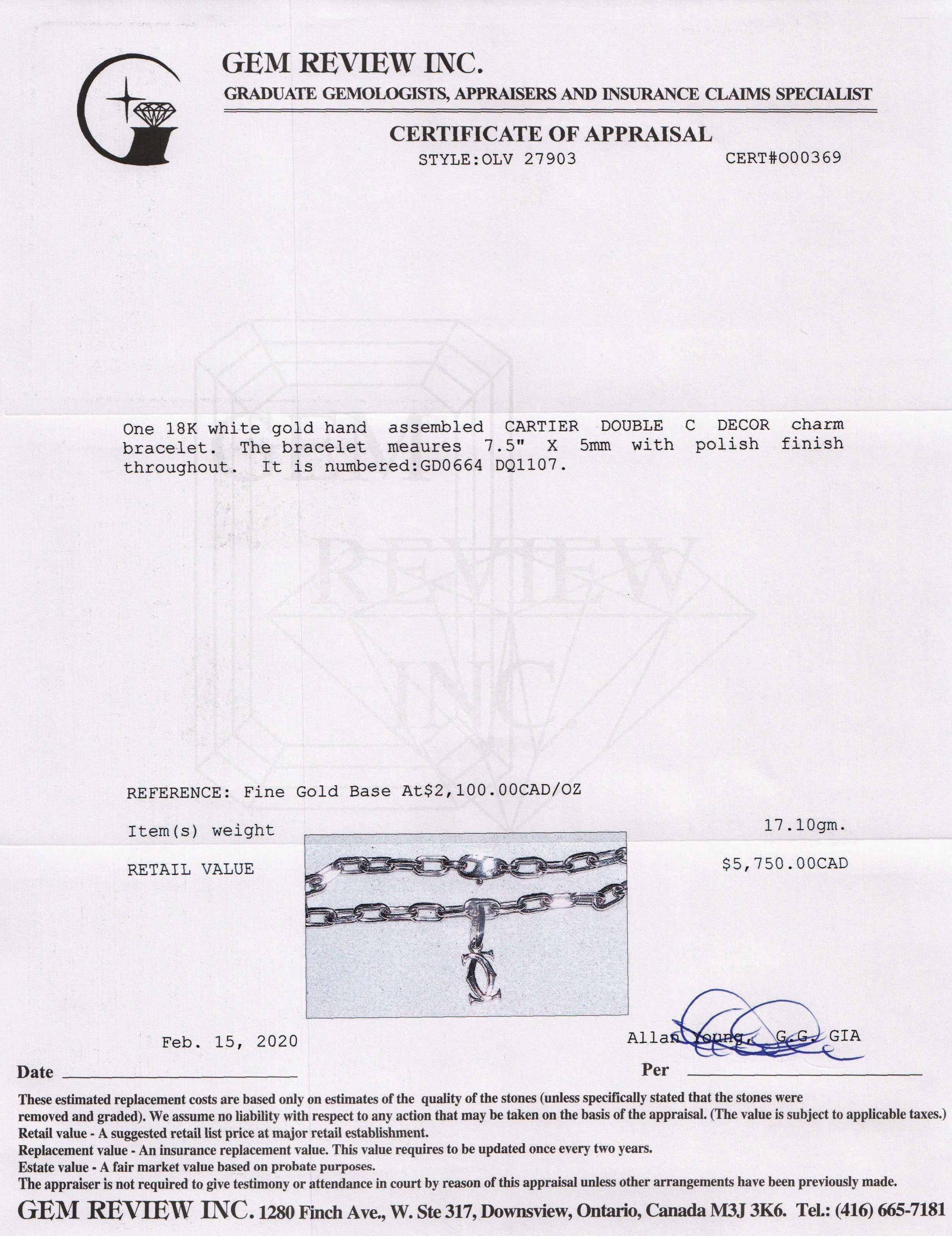 Cartier 18k White Gold Double C Decor Charm Bracelet