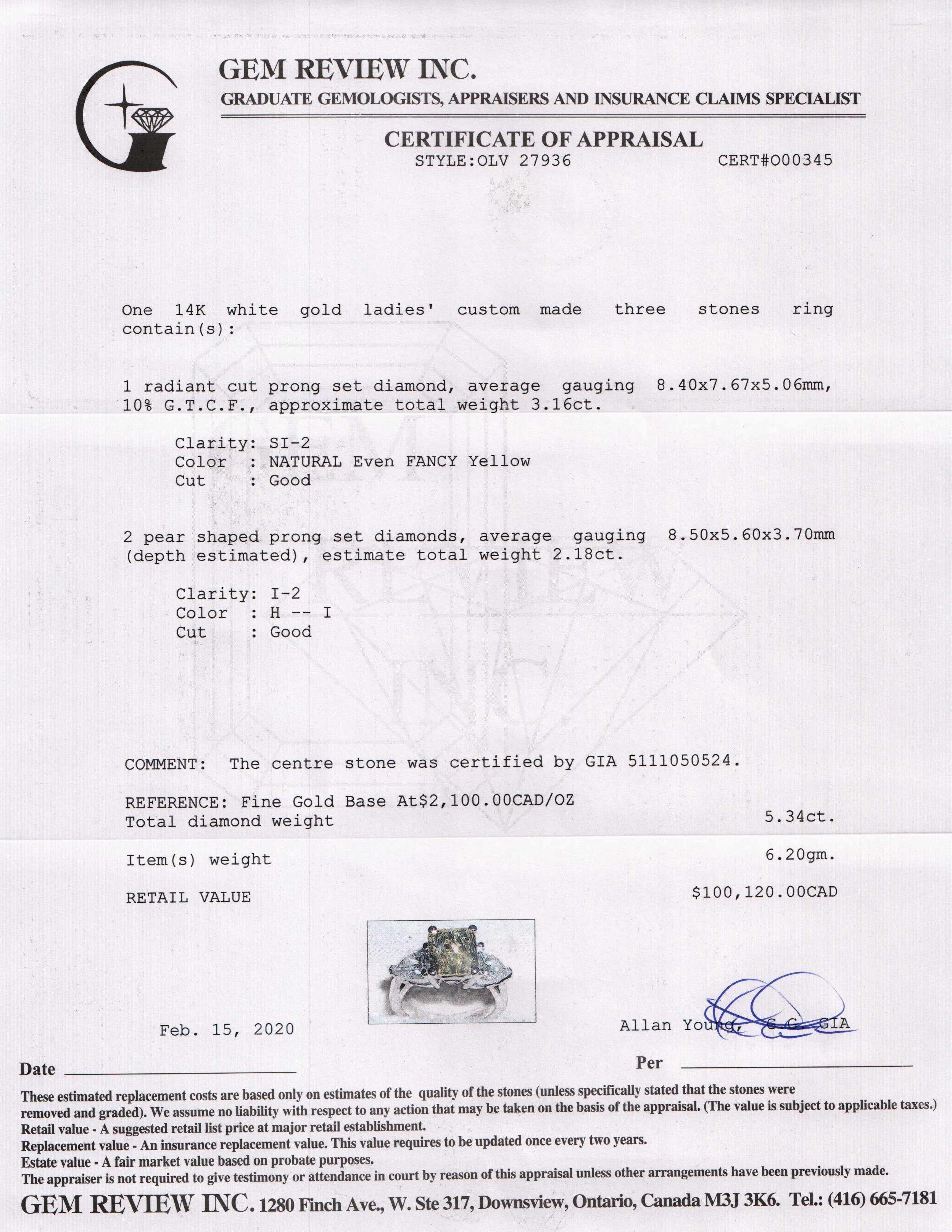 Three Stone Natural Yellow Diamond Ring w/ GIA Certificate