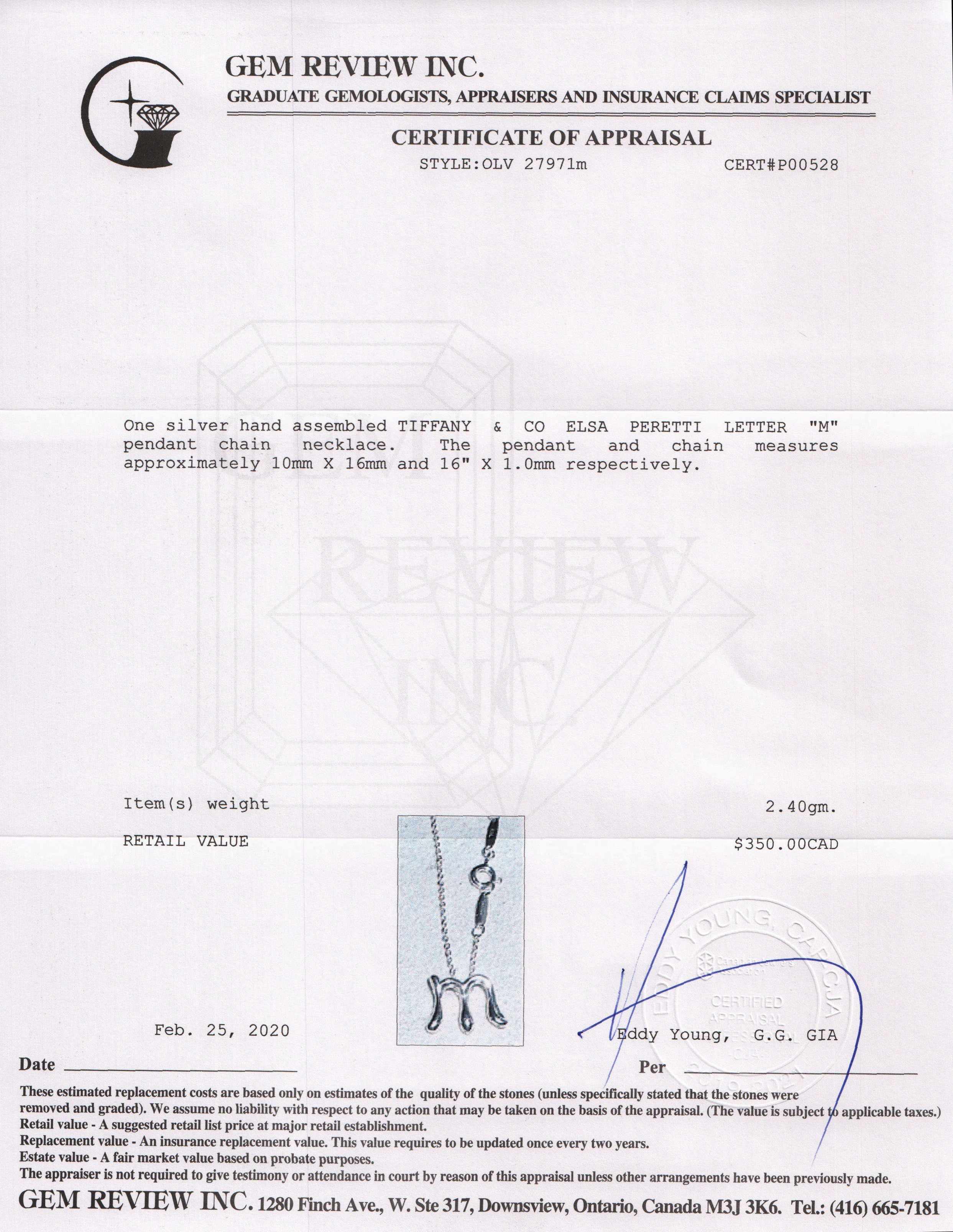 Tiffany & Co. Elsa Peretti Letter 'M' Pendant Necklace