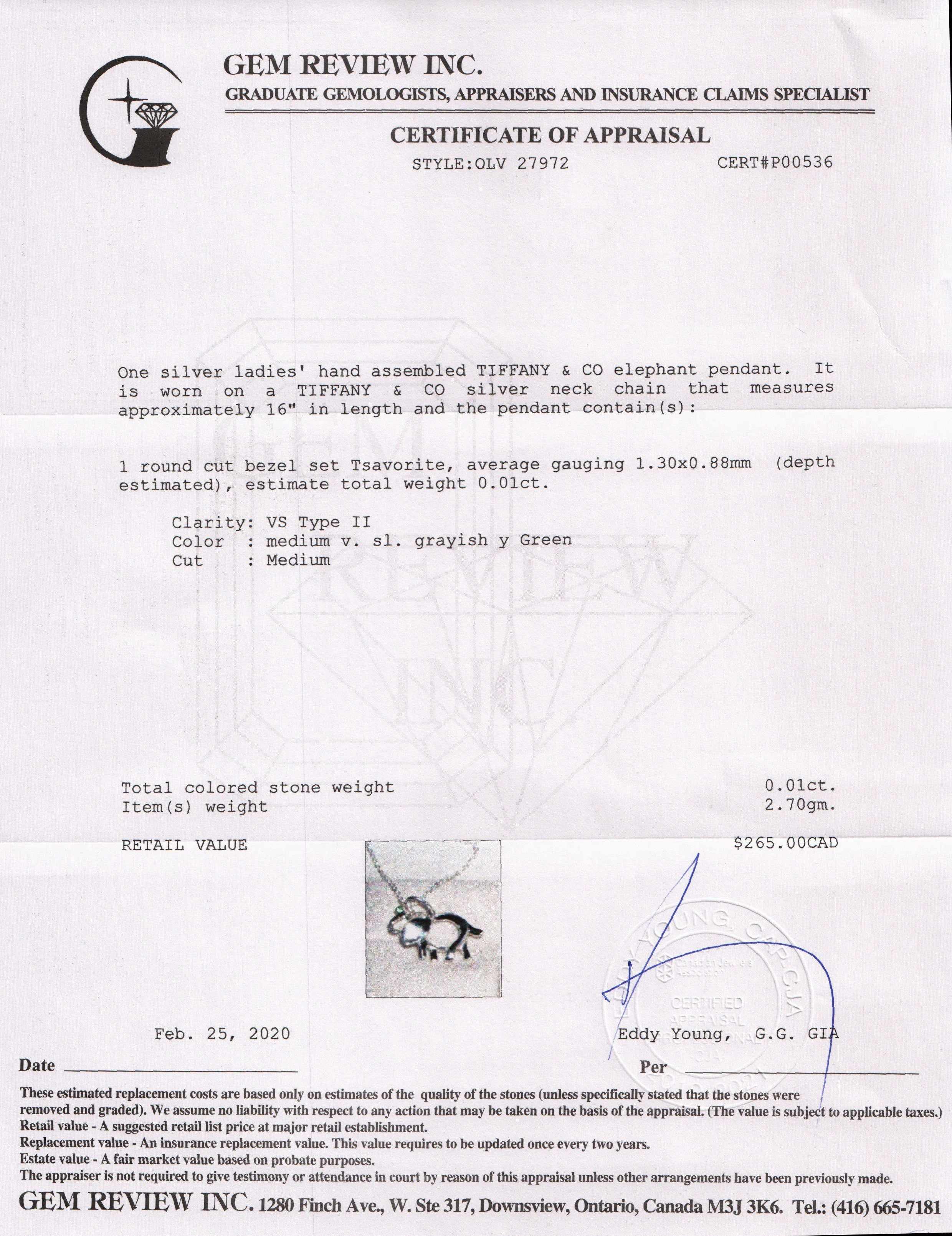 Tiffany & Co. Elephant Pendant Necklace w/ Tsavorite