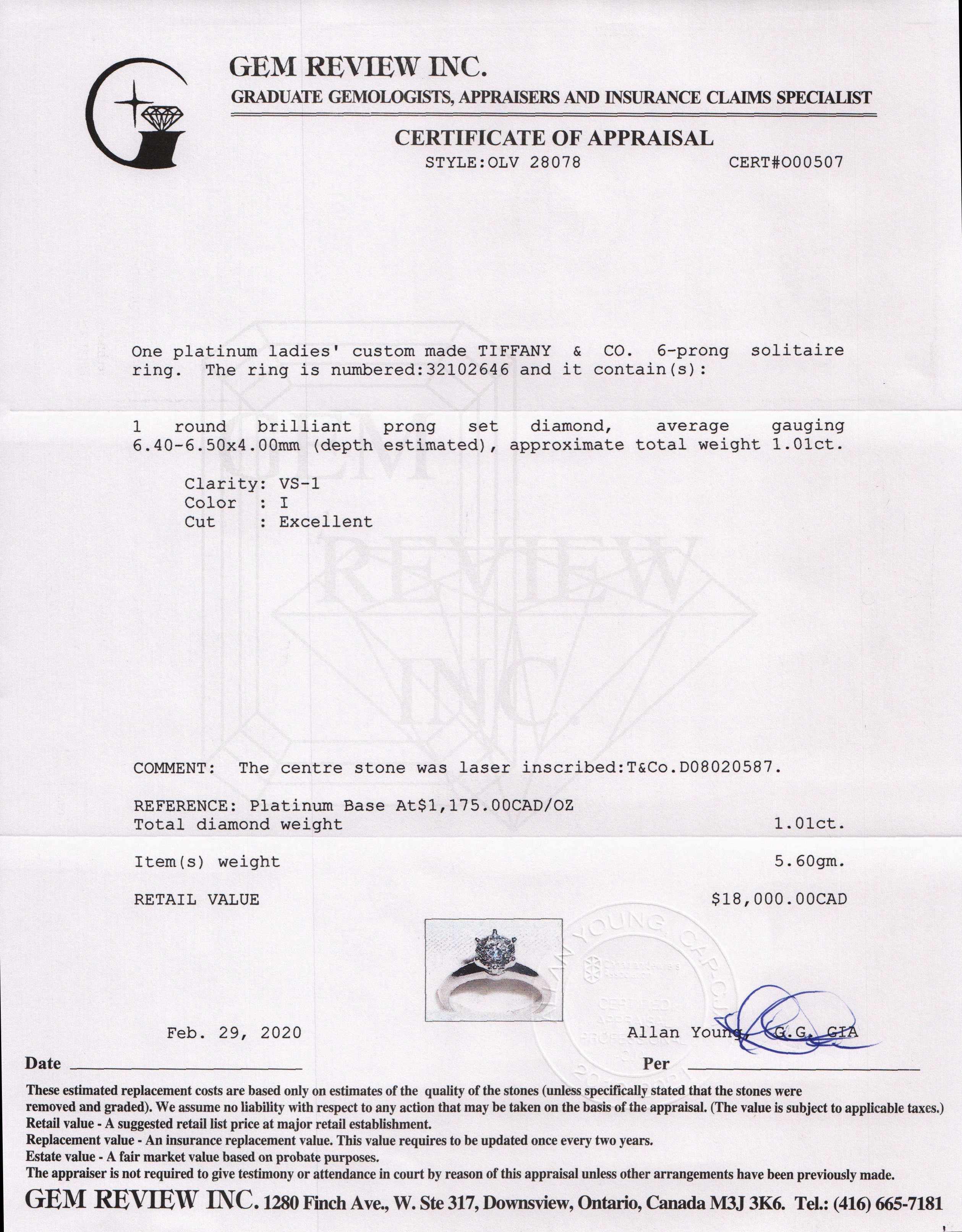 Tiffany & Co. Solitaire 1.01 ct. Diamond Engagement Ring