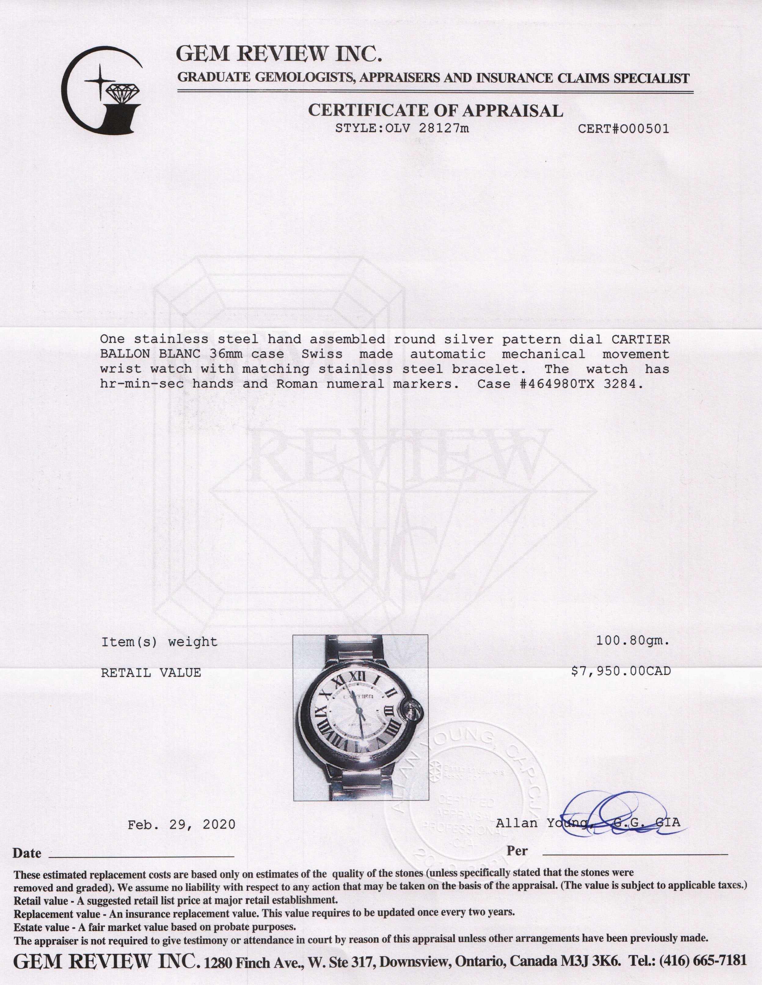 Cartier Ballon Bleu Watch w/ Box & Receipt