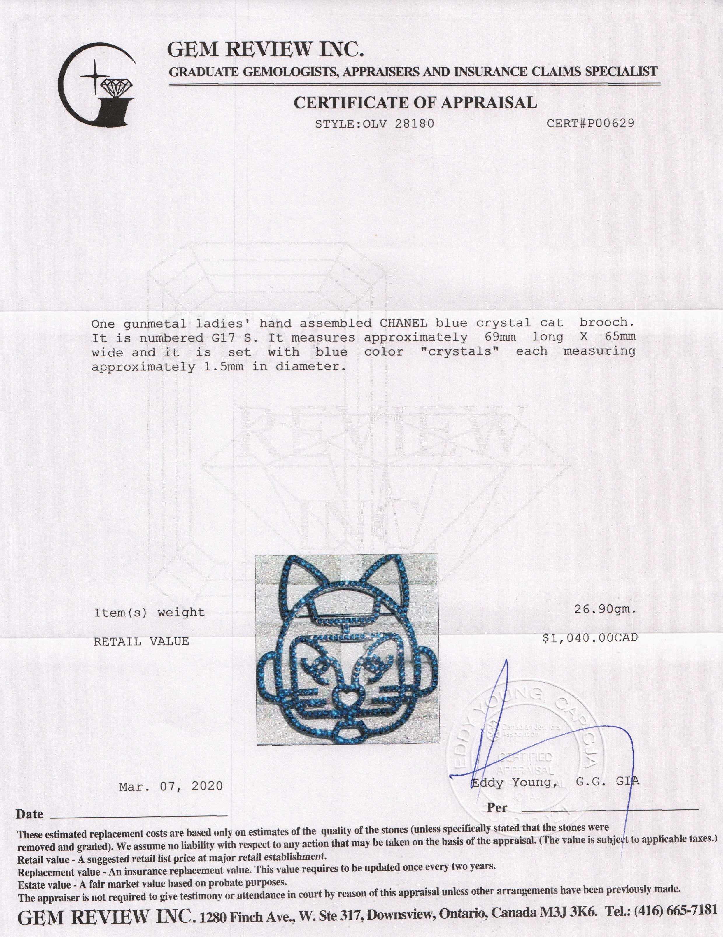 Chanel Blue Crystal Cat Brooch w/ Box