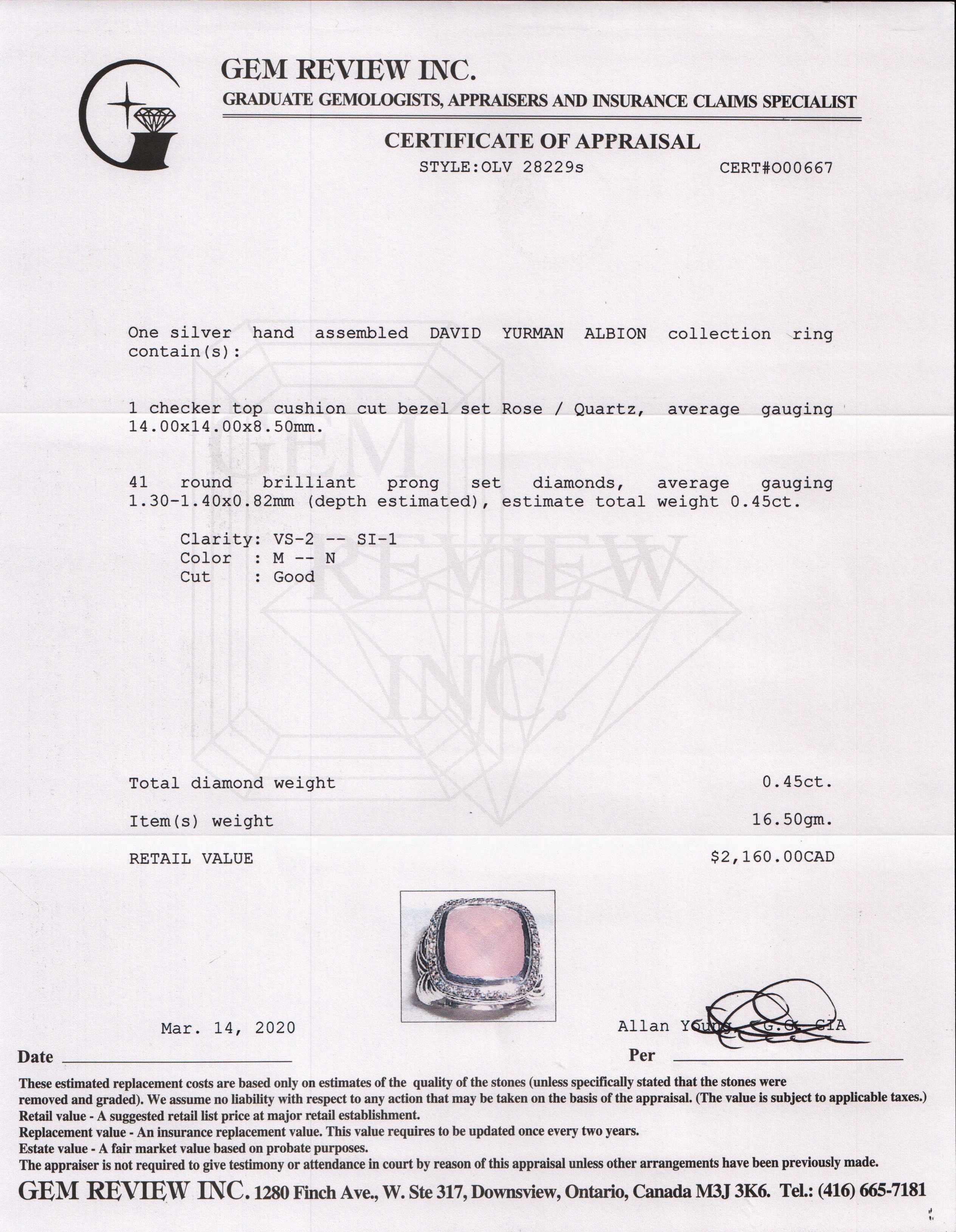 David Yurman Albion Ring with Rose Quartz and Diamonds