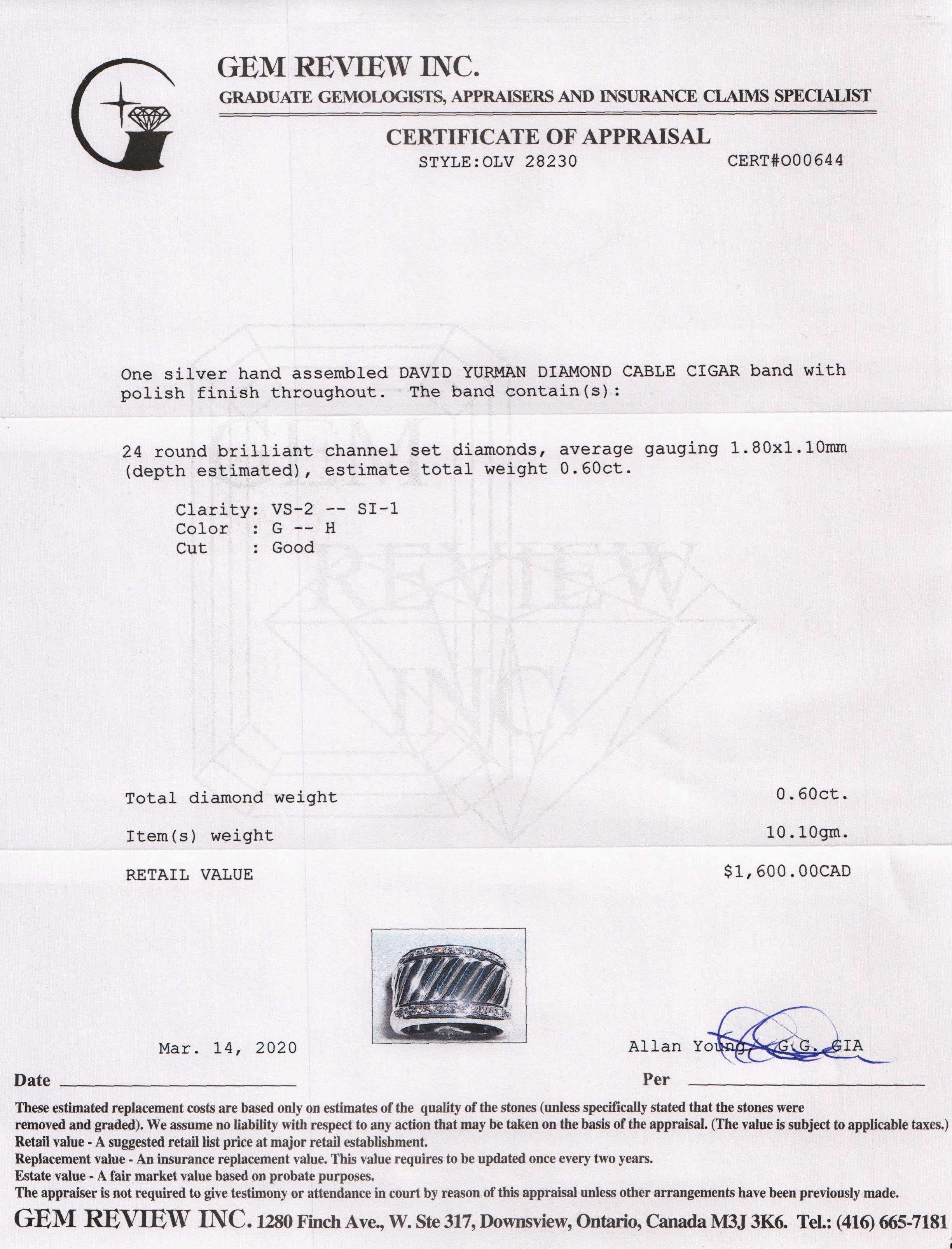 David Yurman Diamond Cable Cigar Band Ring