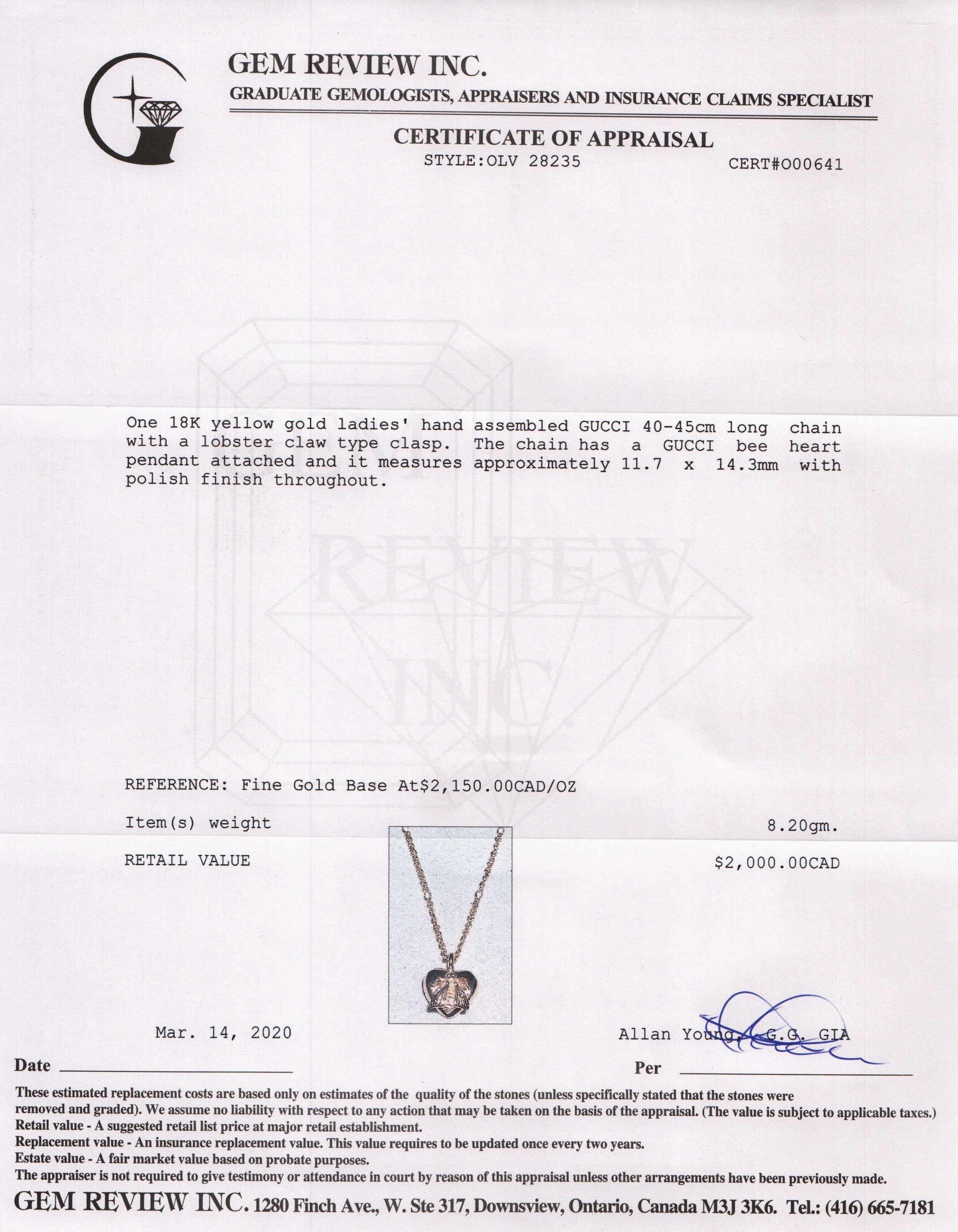 Gucci 18k Gold Bee Heart Pendant Necklace