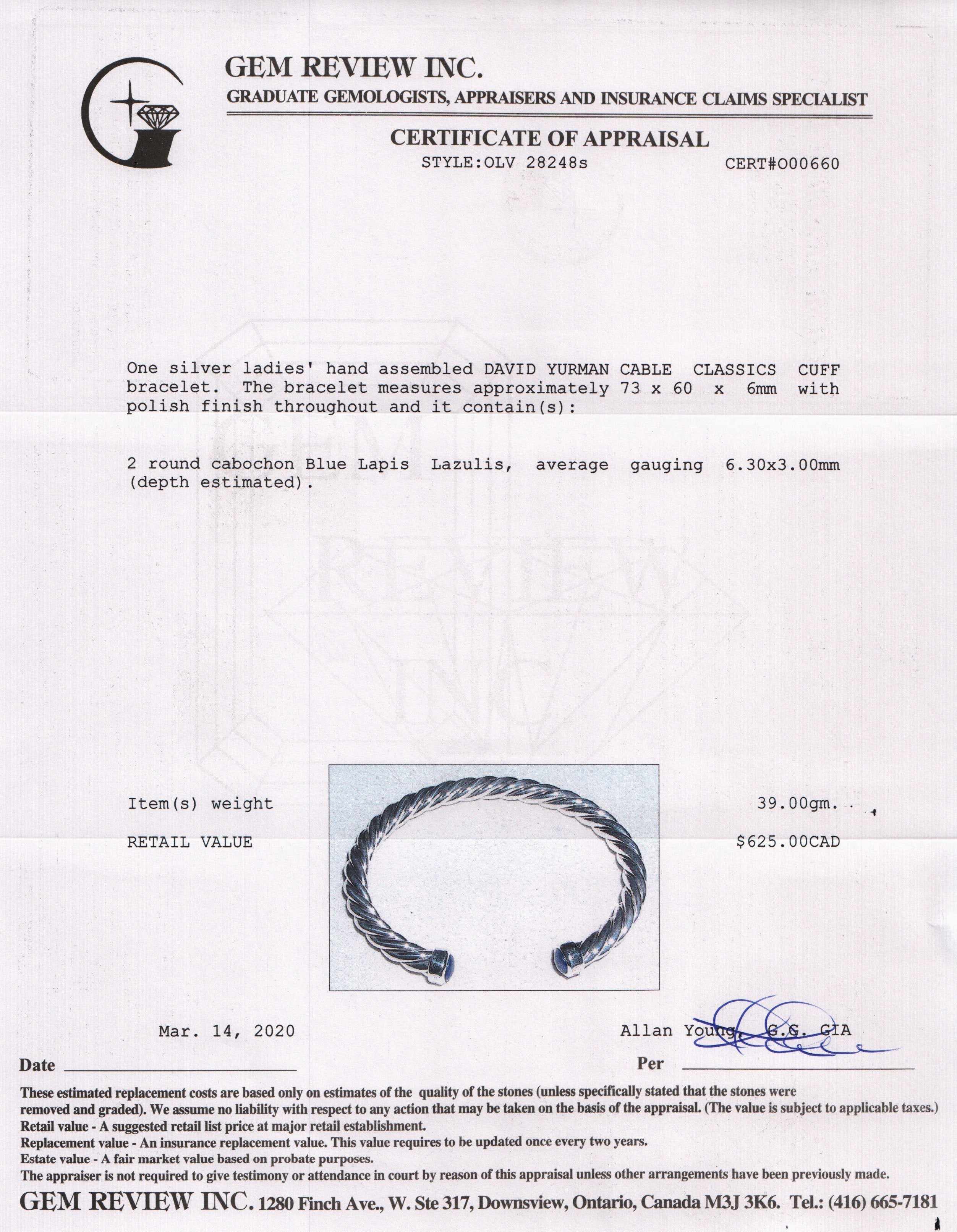 David Yurman Cable Classic Cuff Bracelet with Lapis Lazuli