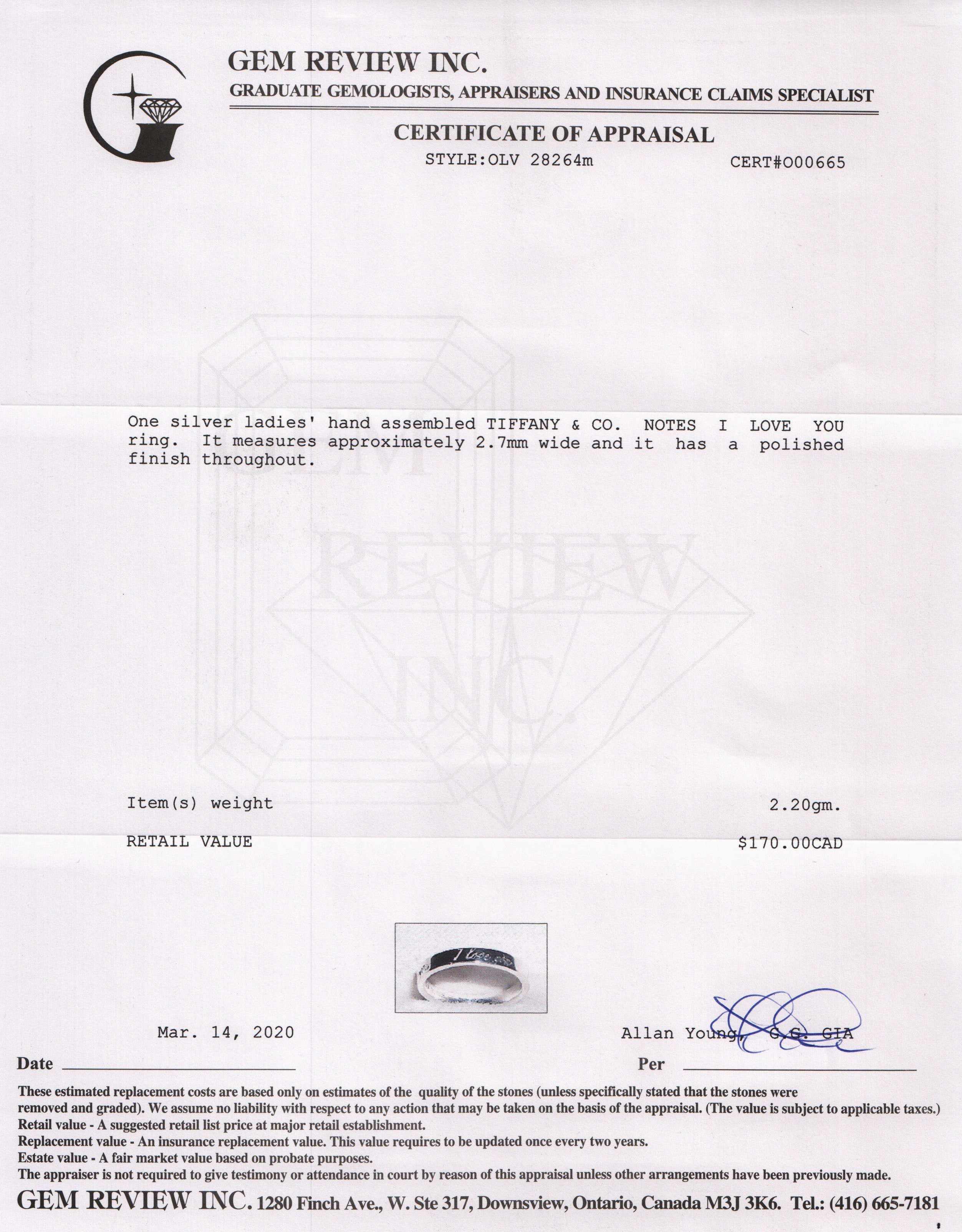 Tiffany & Co. Notes "I Love You" Ring