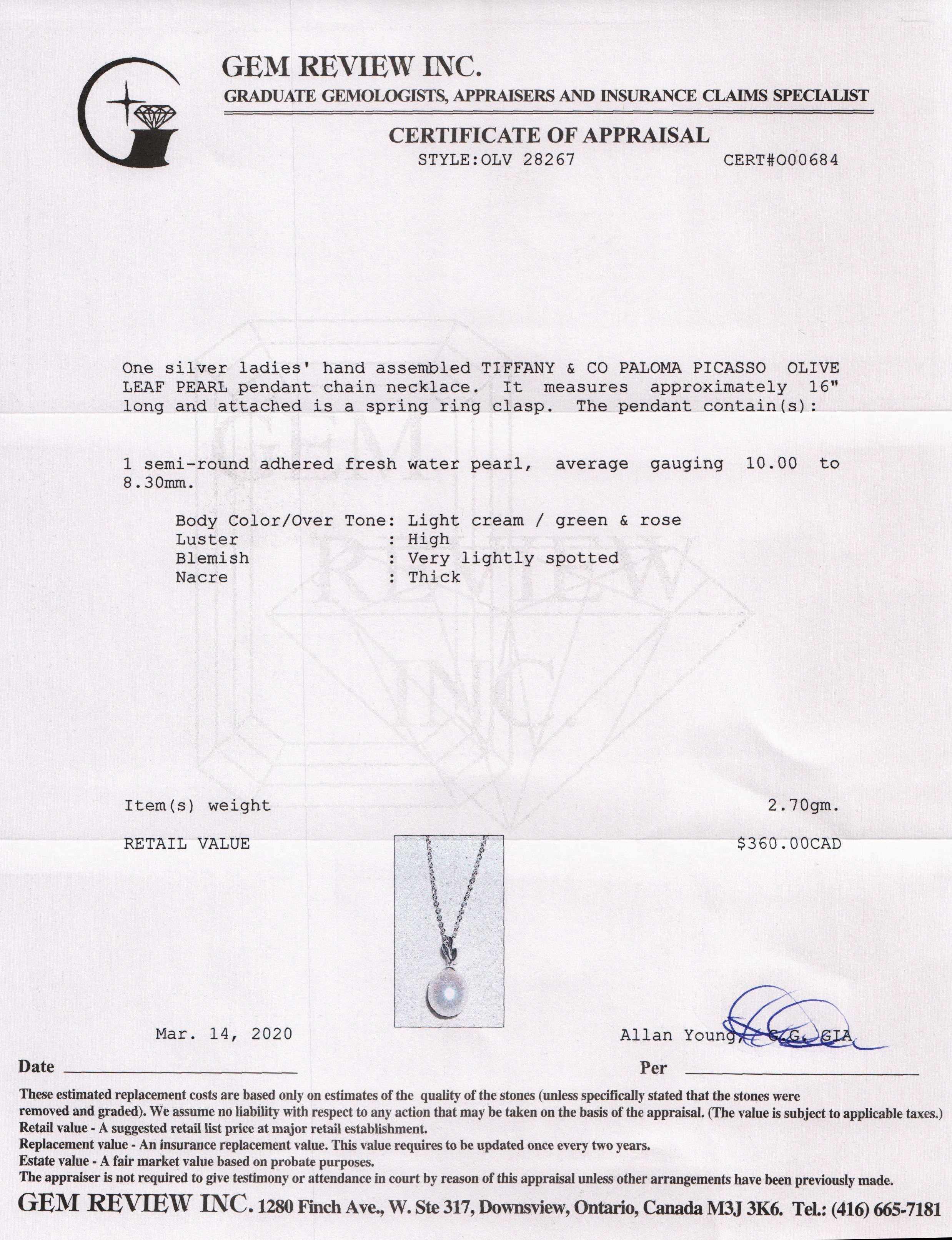 Tiffany & Co. Paloma Picasso Olive Leaf Pearl Pendant Necklace