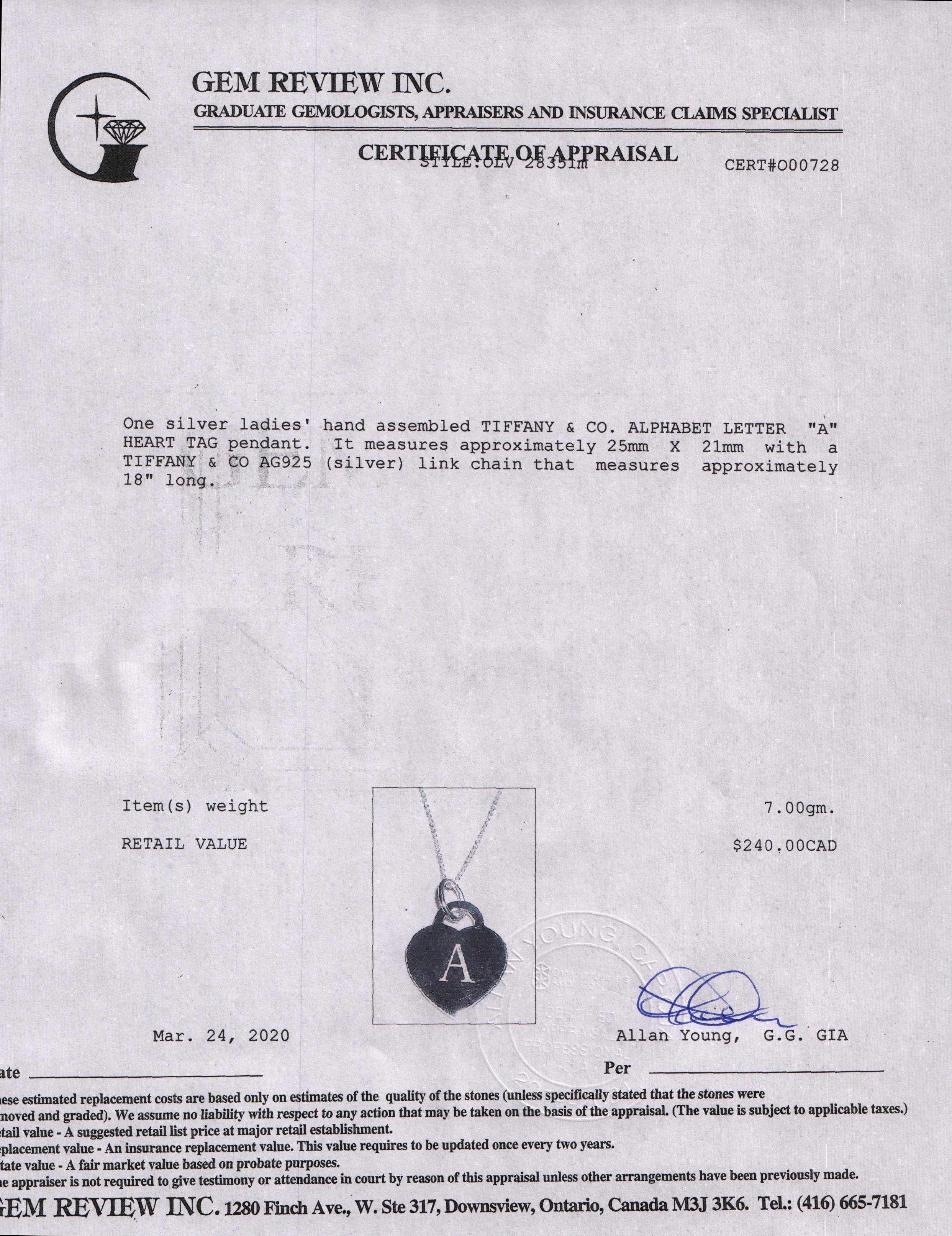 Tiffany & Co. Alphabet Letter 'A' Heart Tag Pendant Necklace