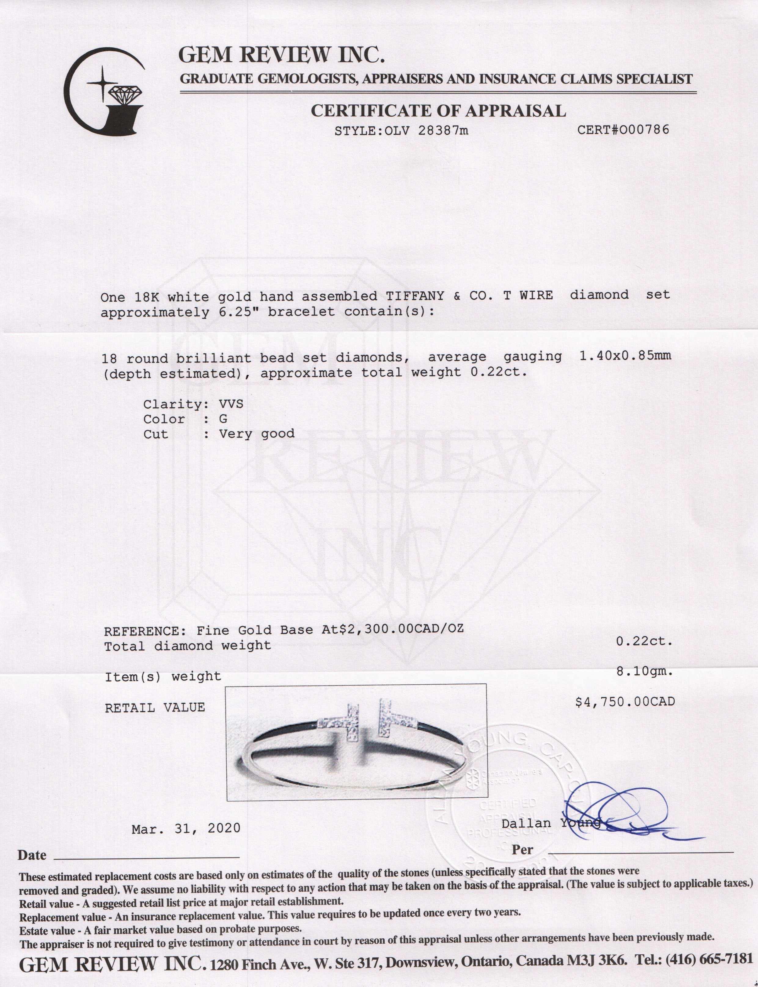 Tiffany & Co. 18k White Gold & Diamond T Wire Bracelet