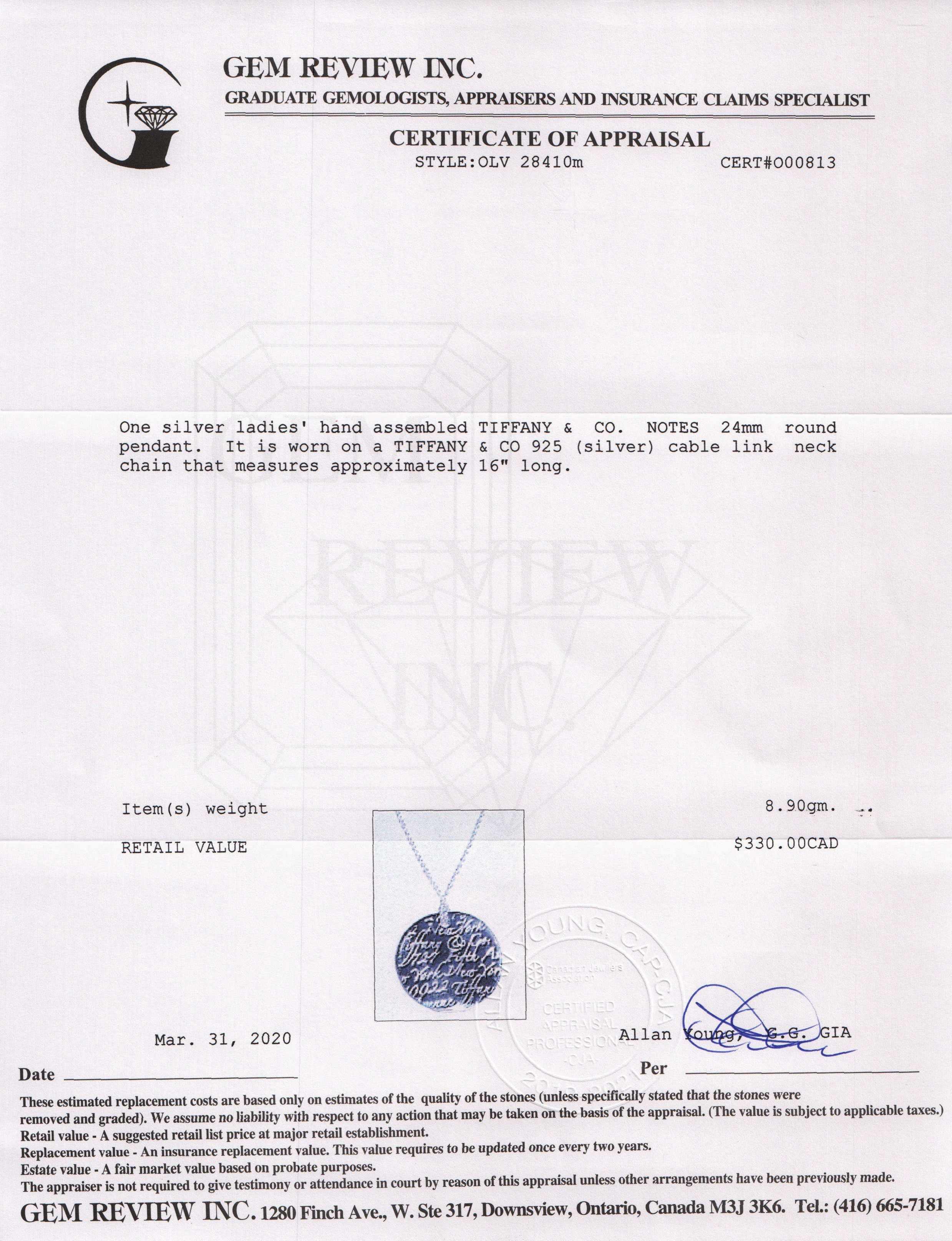 Tiffany & Co. Notes Round Pendant Necklace