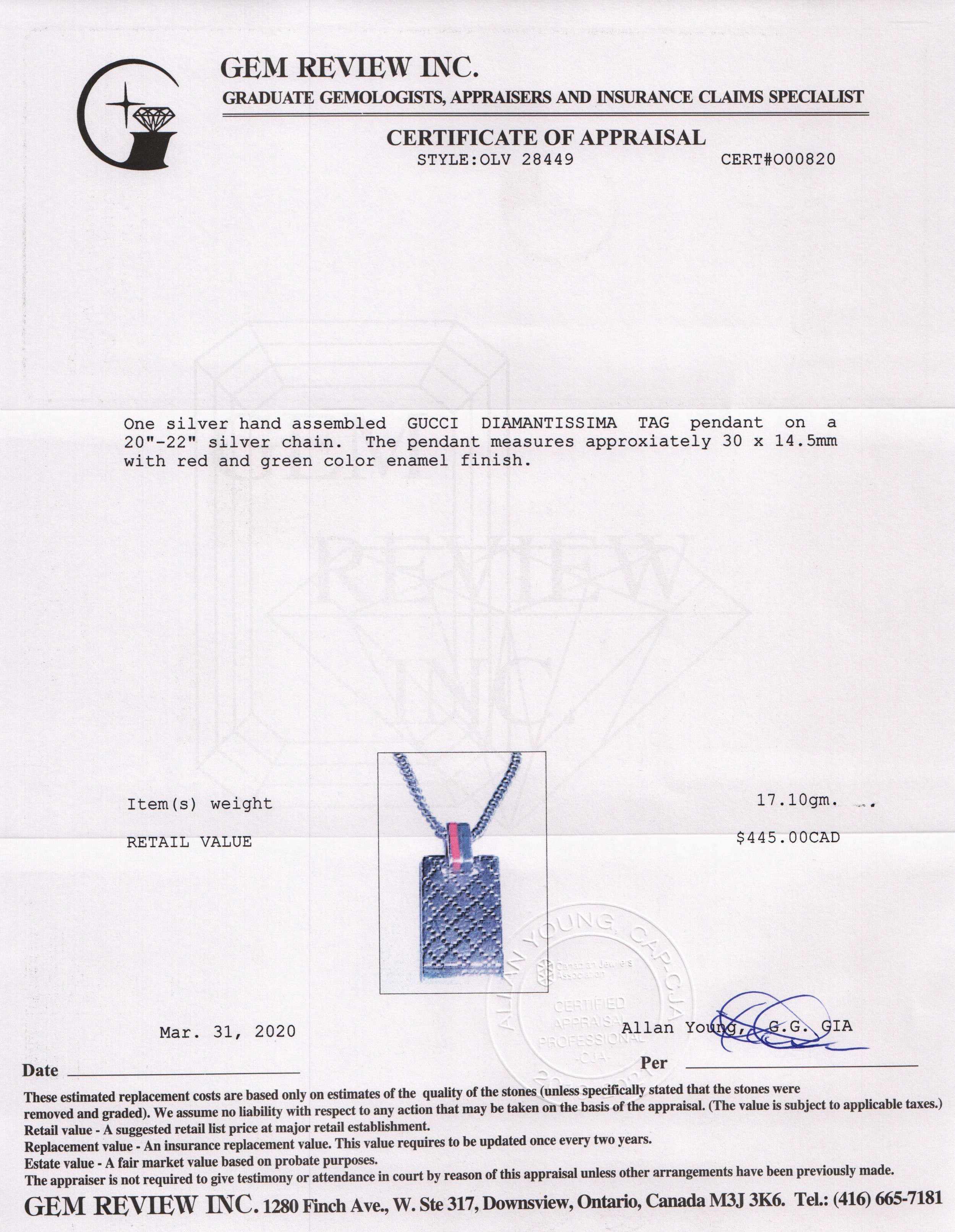 Gucci Diamantissima Tag Pendant Necklace