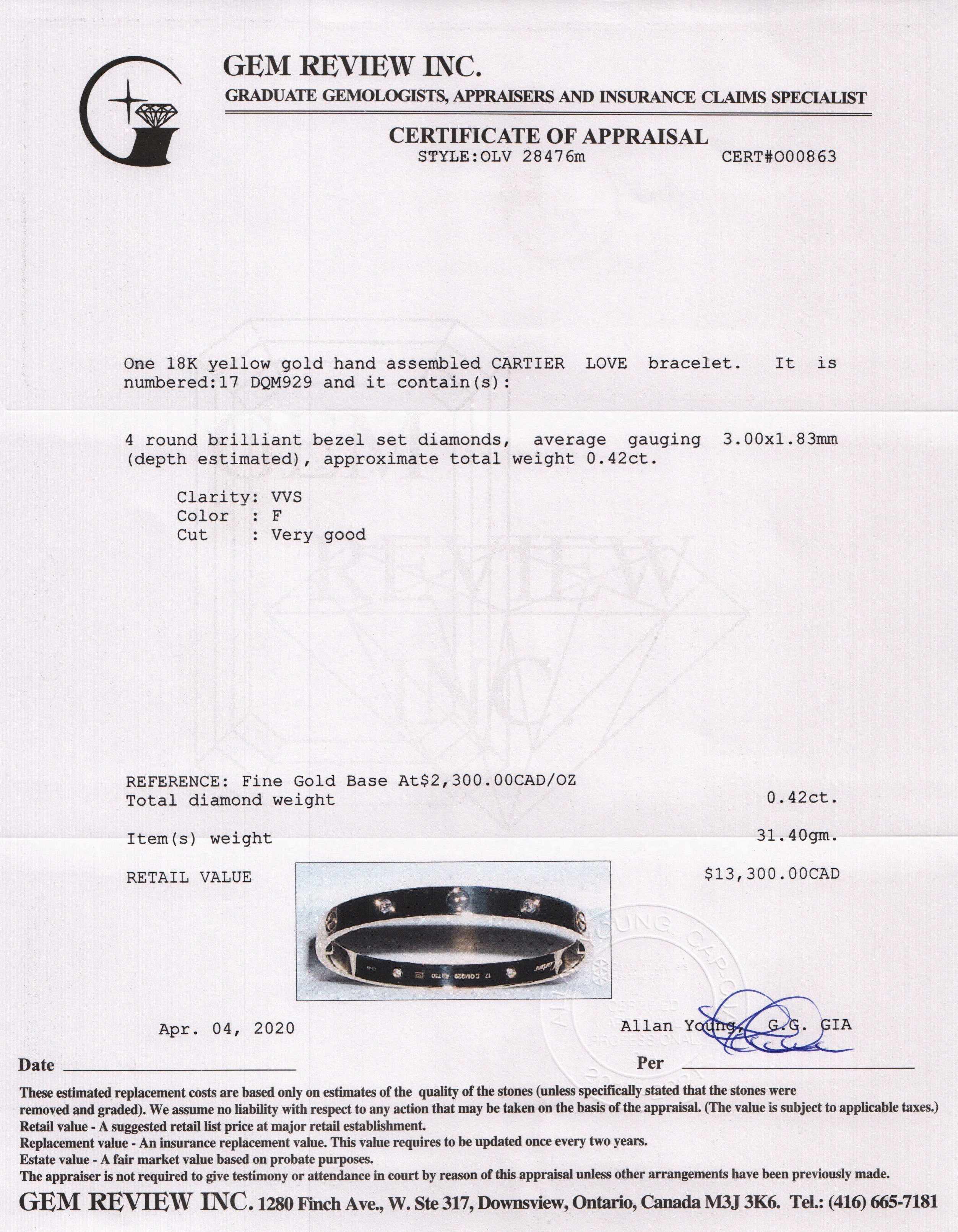 Cartier 18k Yellow Gold Love Bracelet with 4 Diamonds