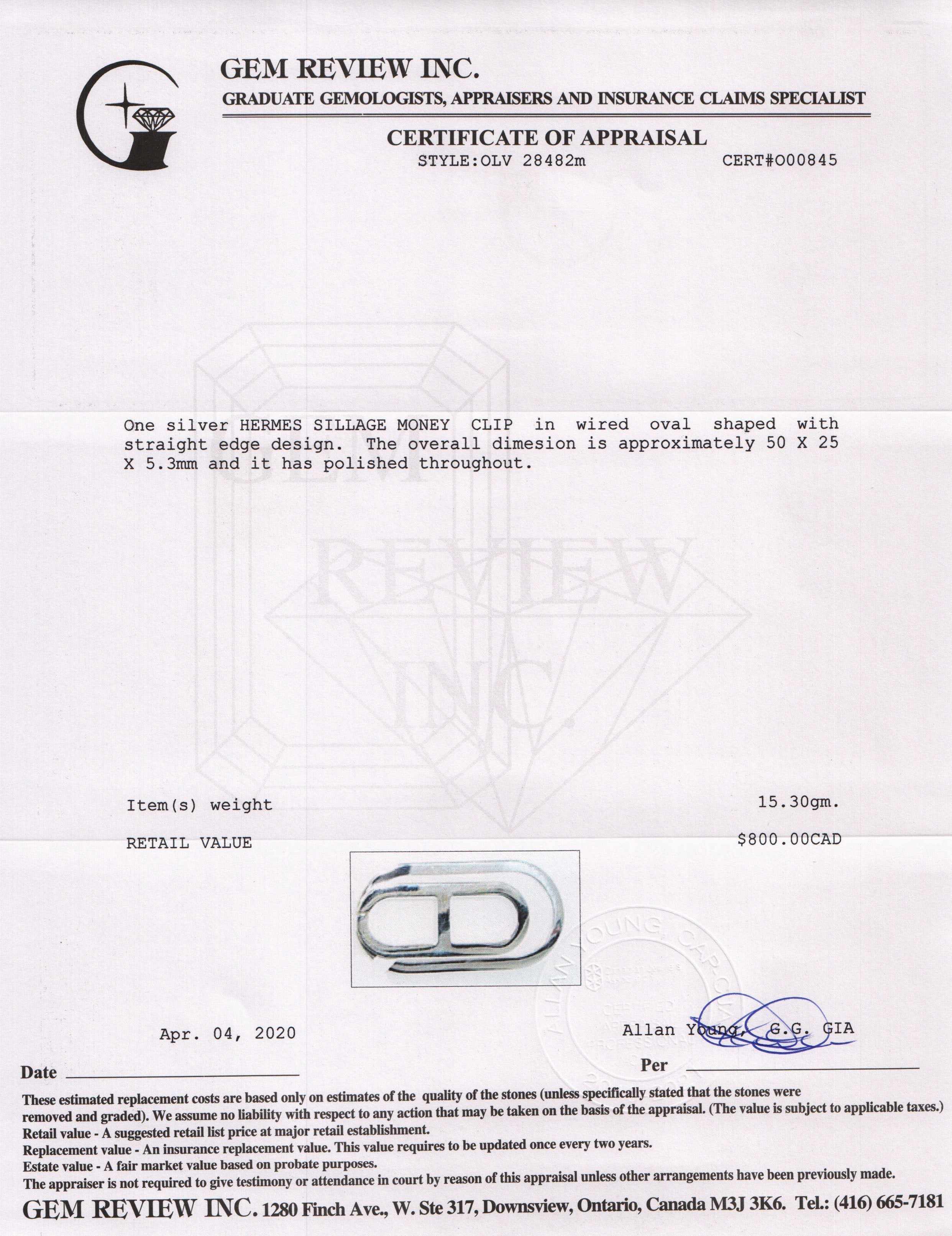 Hermes Sterling Silver Sillage Money Clip