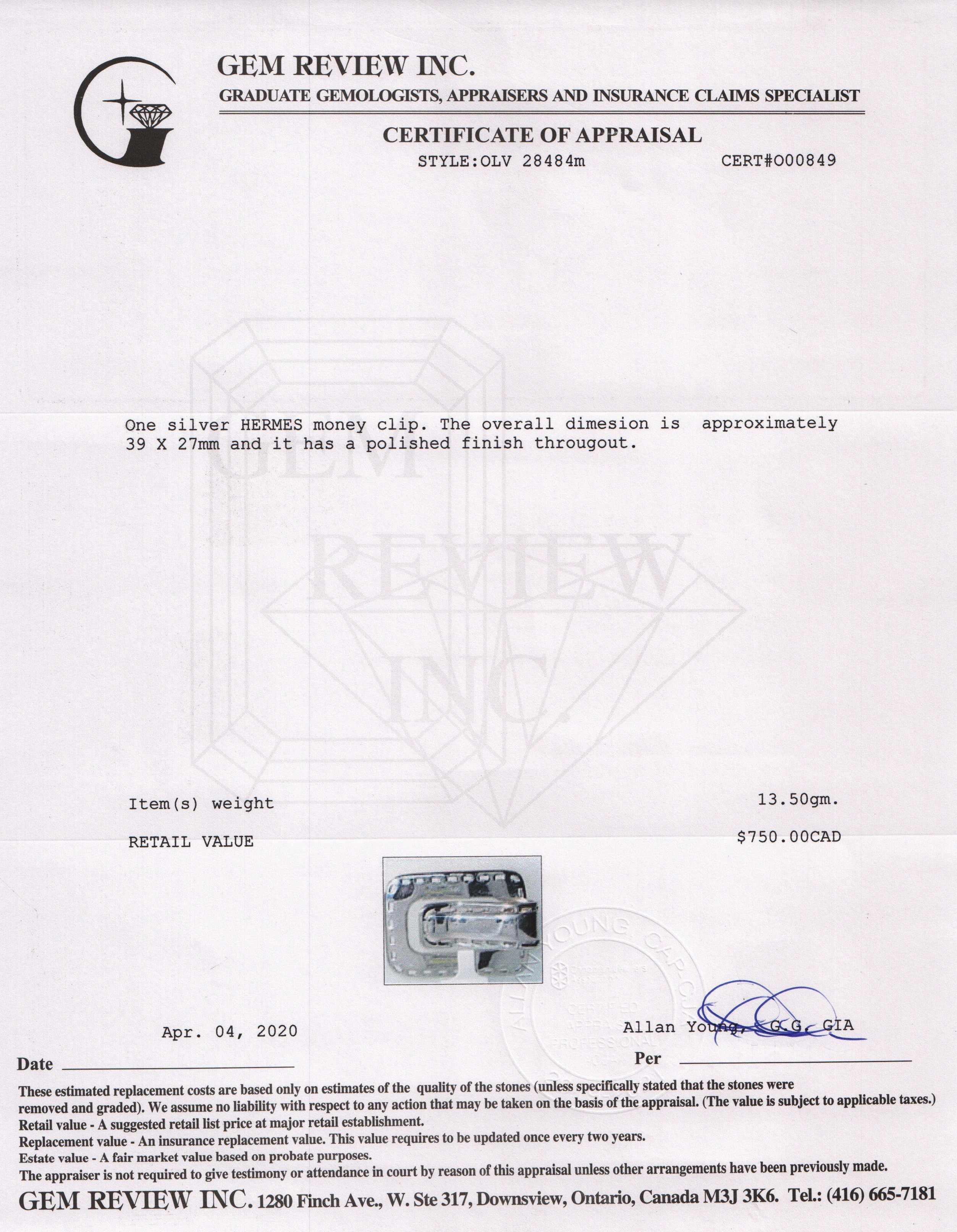 Hermes Sterling Silver Money Clip