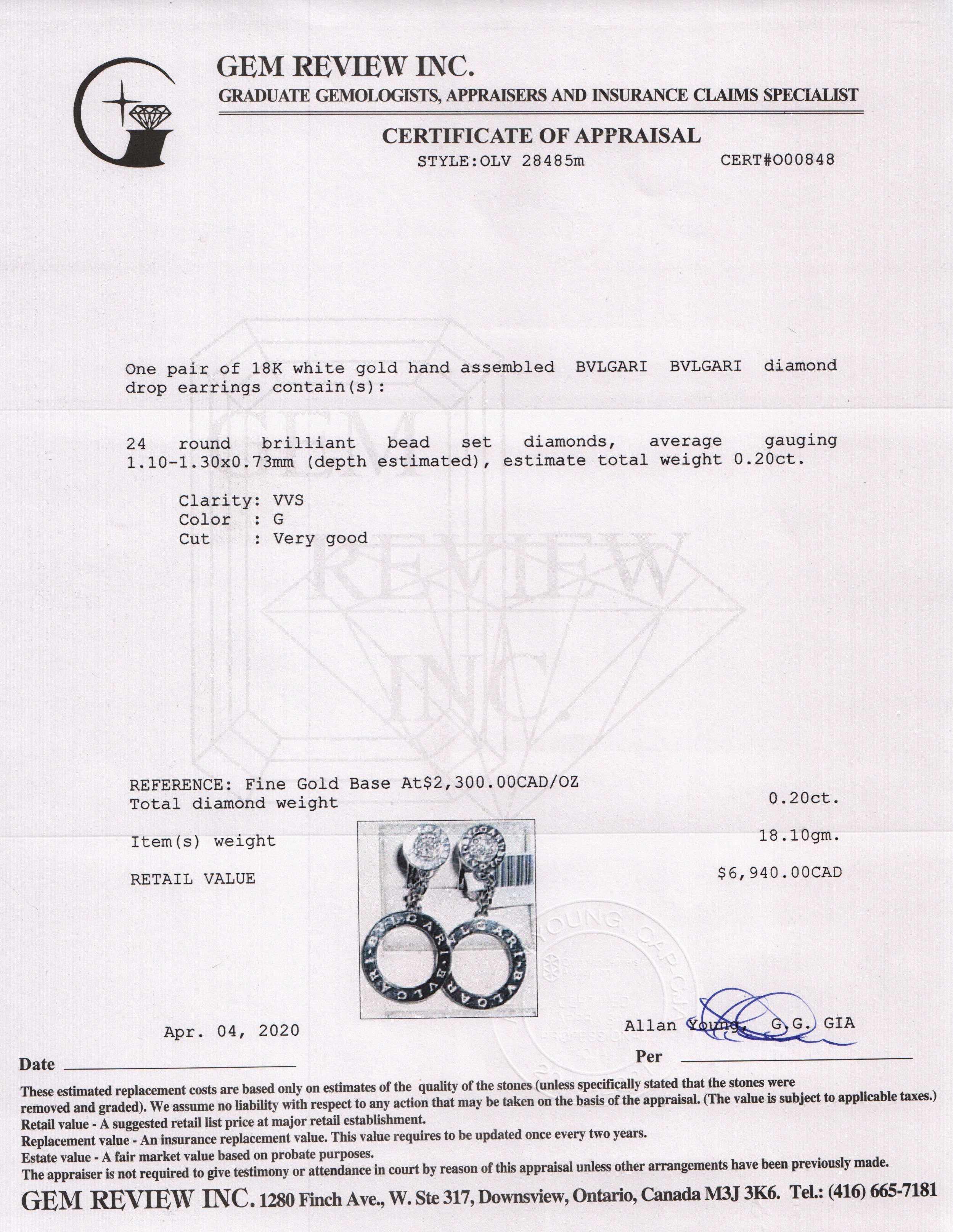 BVLGARI BVLGARI 18k White Gold Diamond Drop Earrings