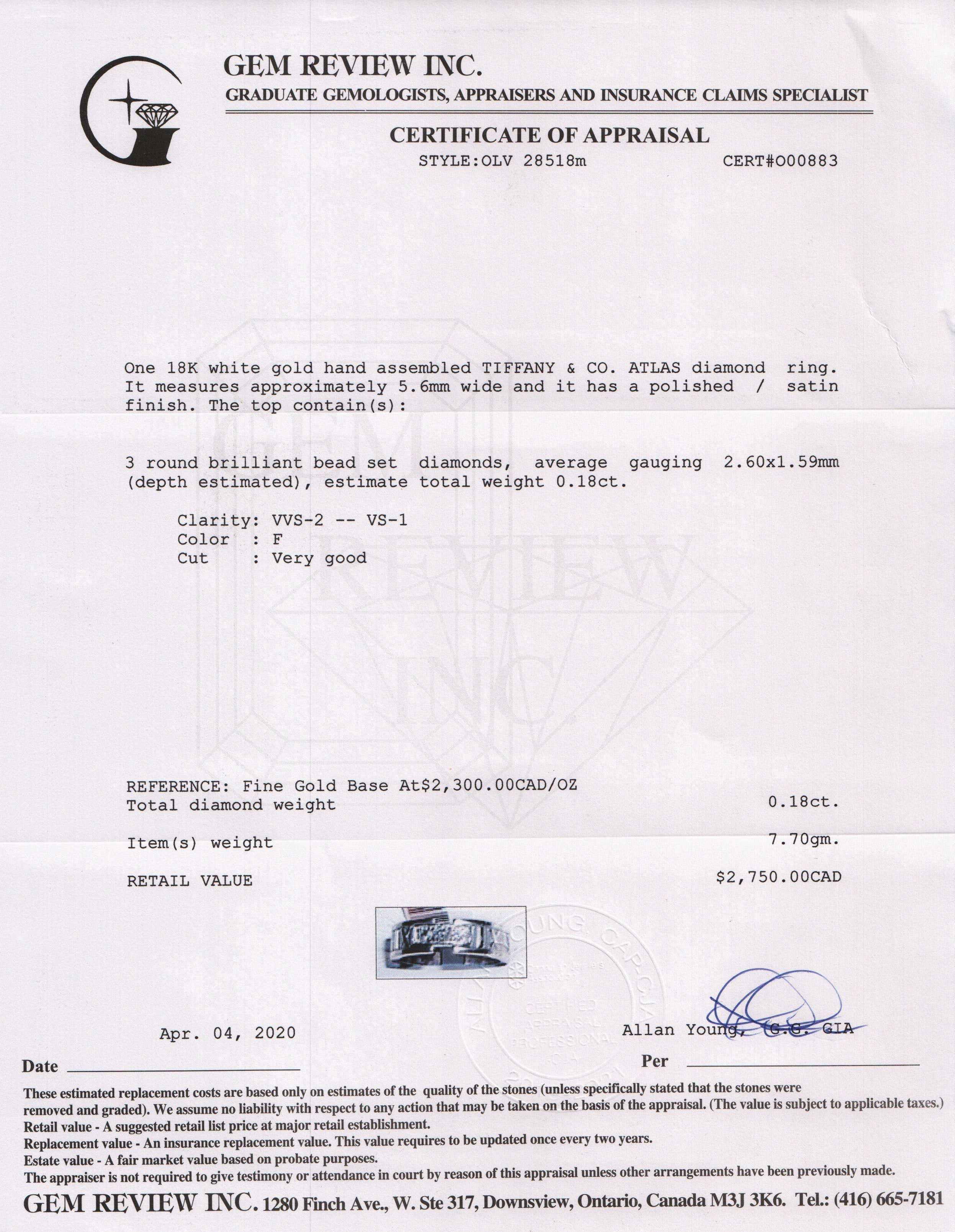 Tiffany & Co. 18k White Gold Atlas Ring with Diamonds