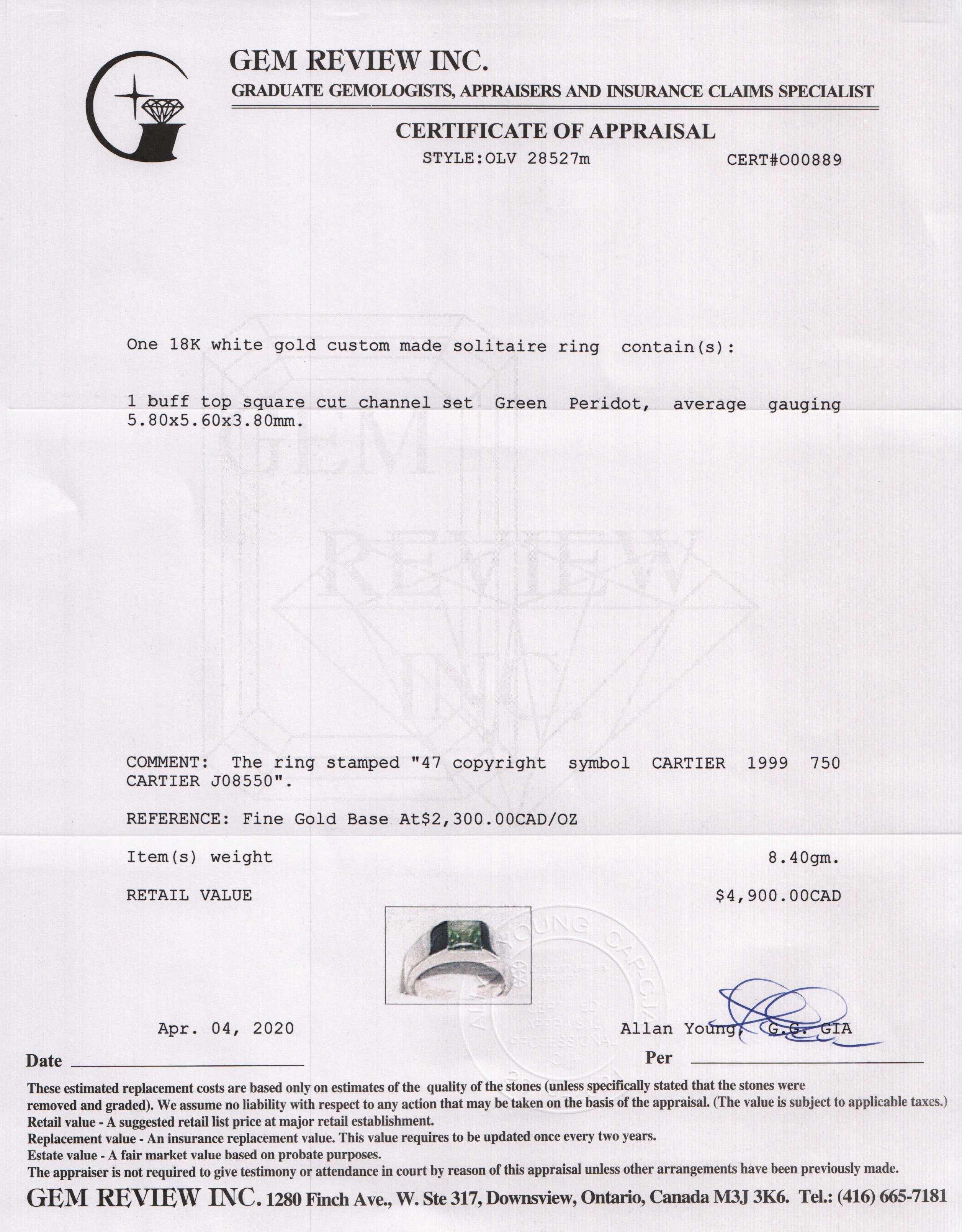 Cartier 18k White Gold Peridot Tank Ring