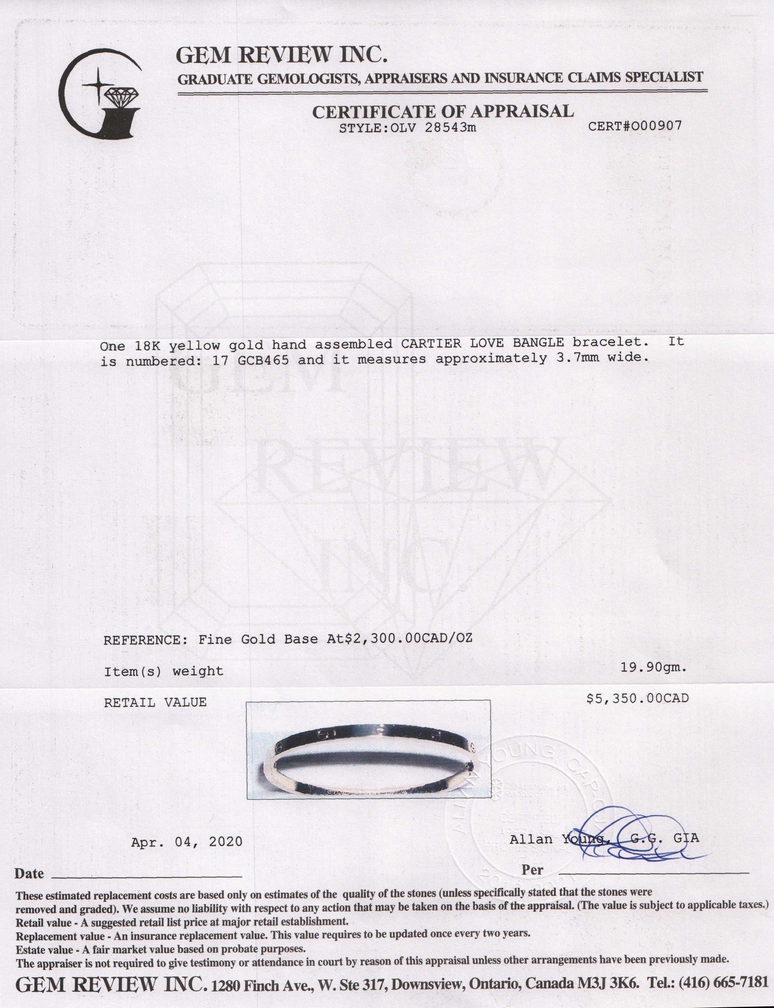 Cartier Love Bracelet, SM Model w/ Box & Certificate
