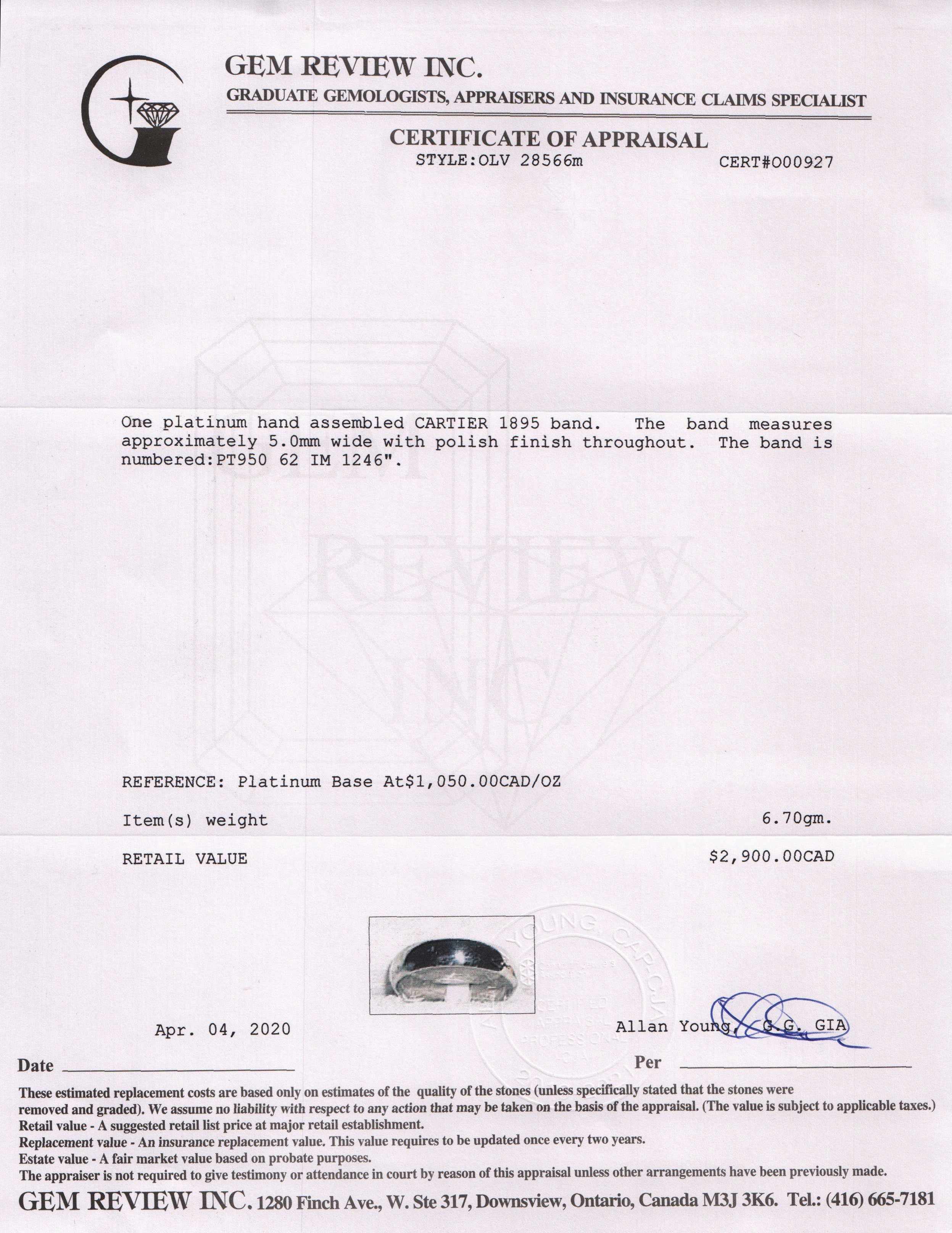 Cartier Platinum 1895 Wedding Band