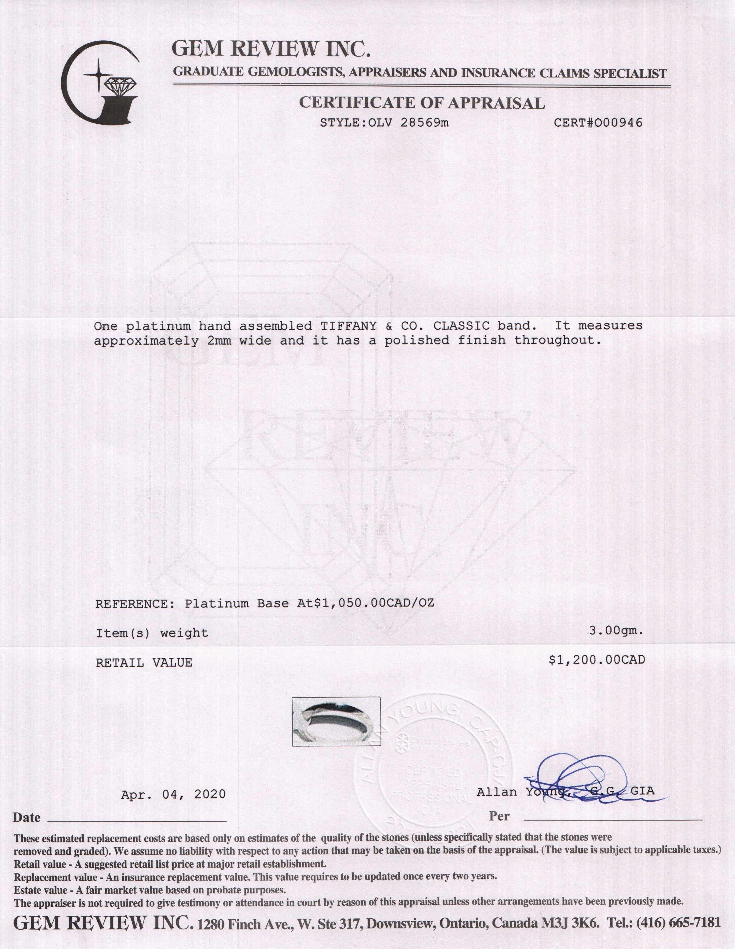 Tiffany & Co. Platinum Wedding Band Ring