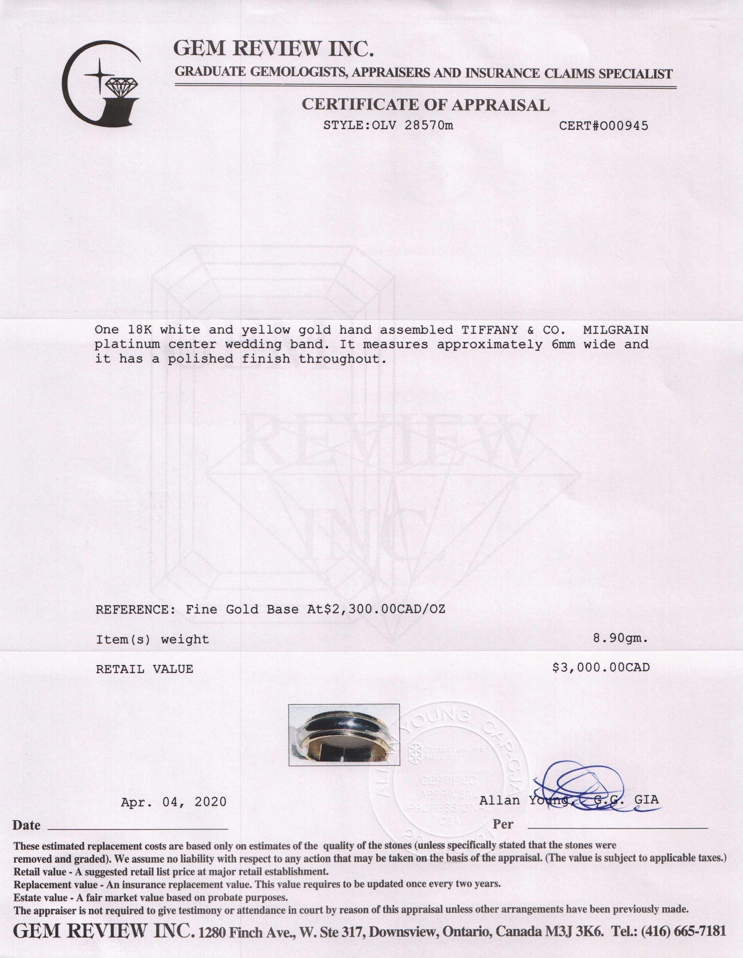 Tiffany & Co. Two-Tone Classic Milgrain Wedding Band Ring