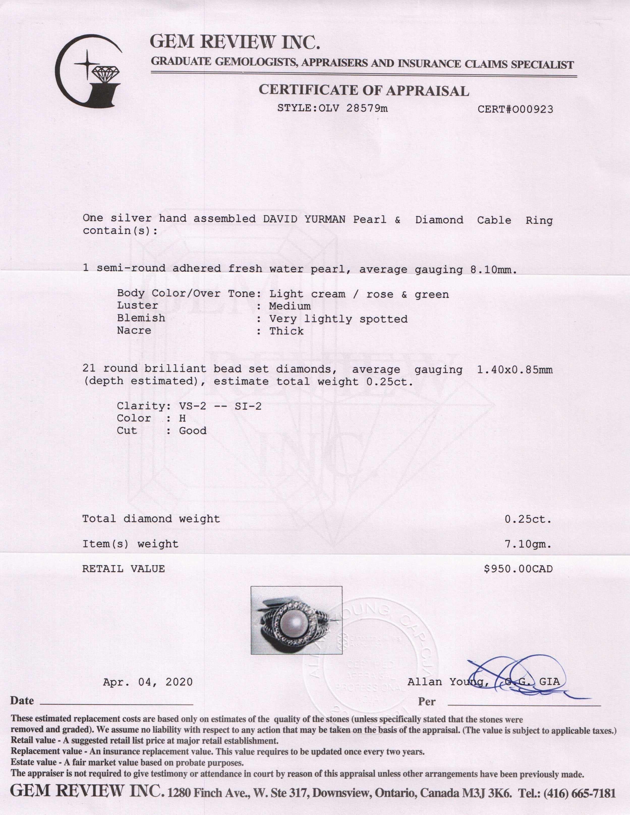 David Yurman Pearl Ring with Diamonds