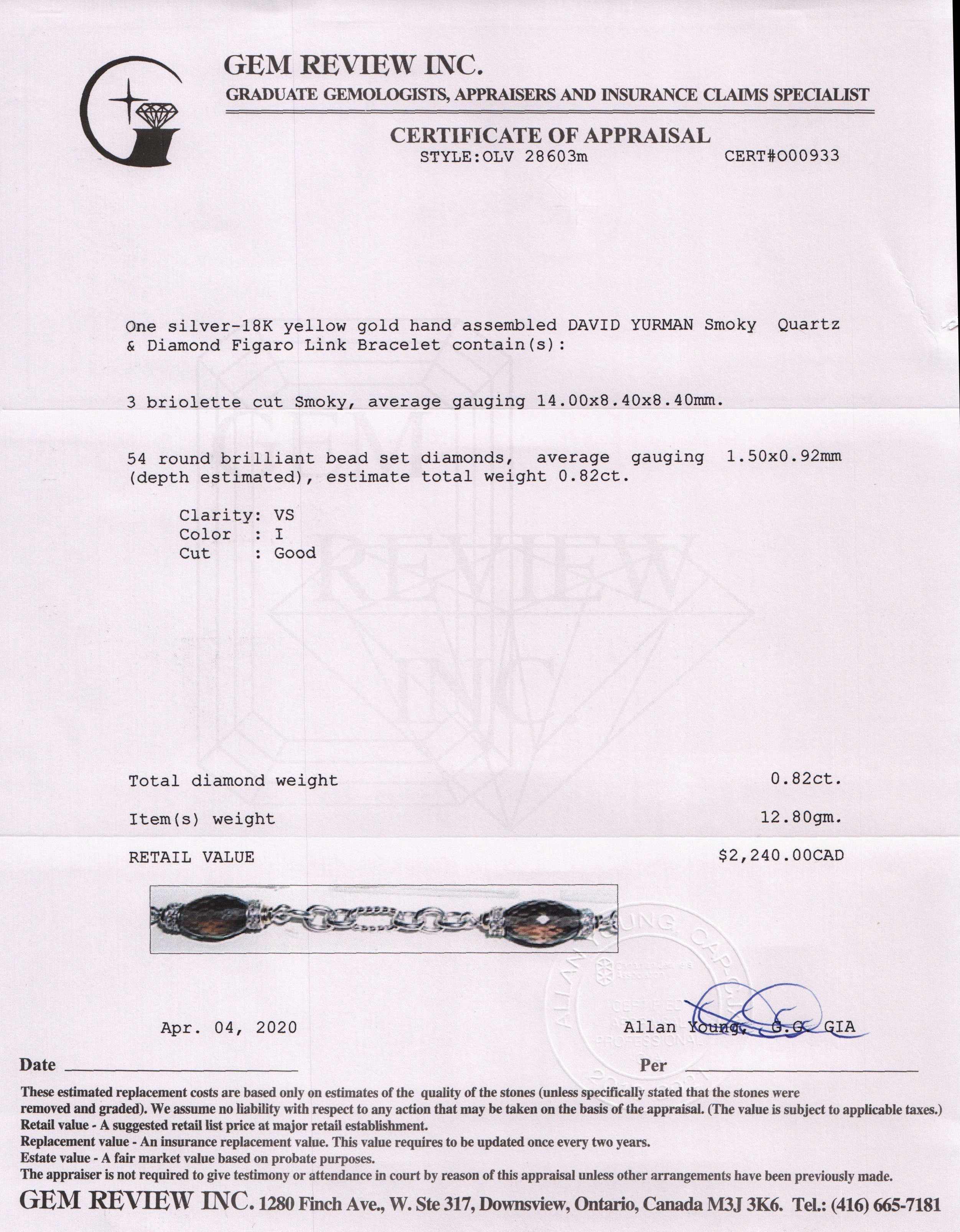 David Yurman Two-Tone Smoky Quartz and Diamond Figaro Link Bracelet