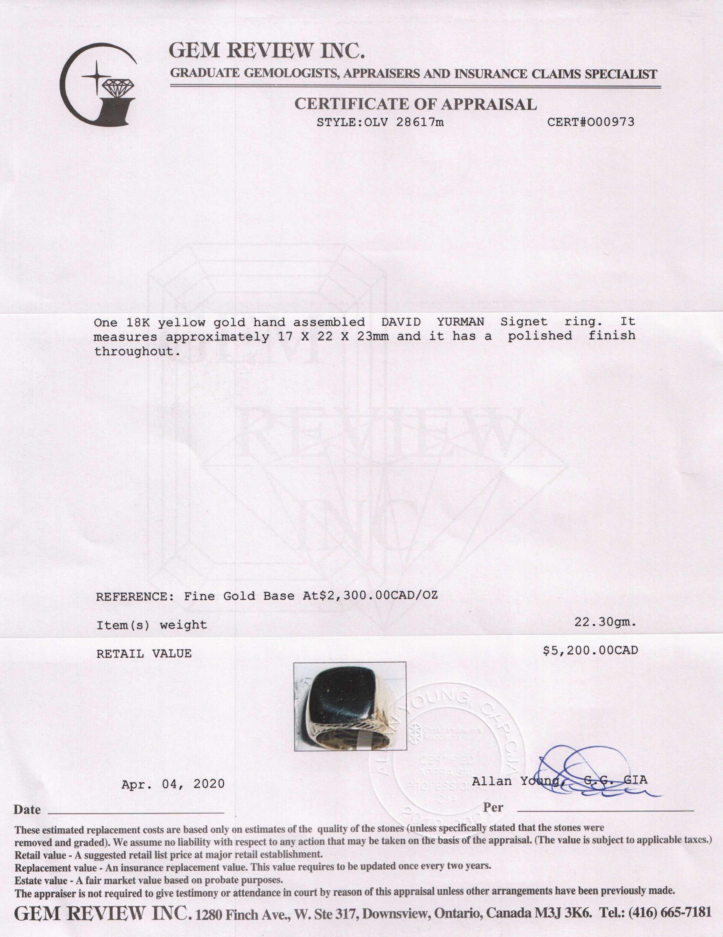 David Yurman 18k Gold Signet Ring