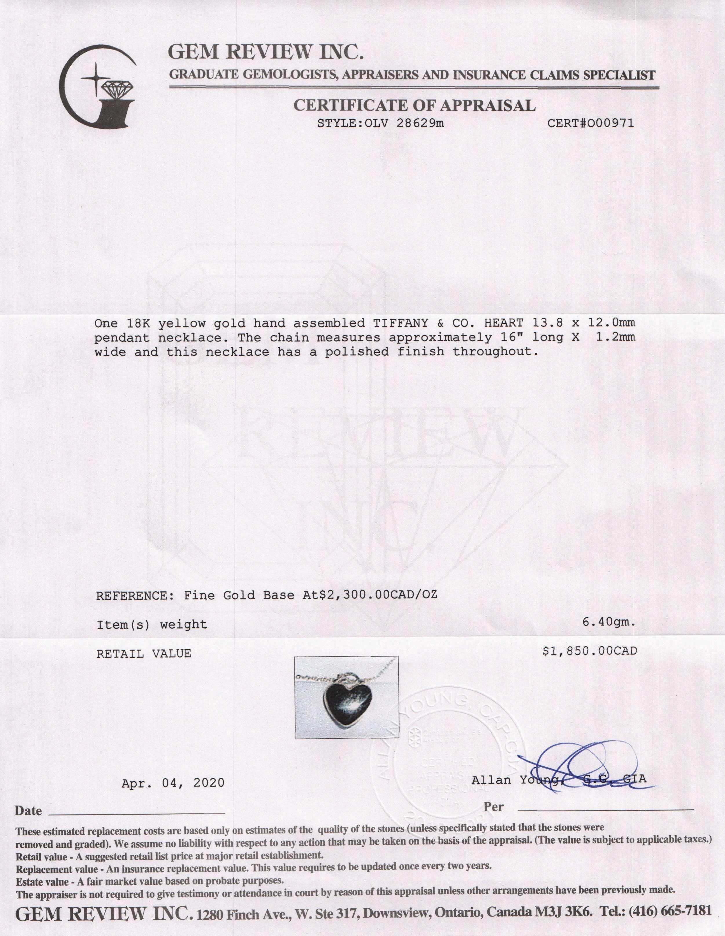 Tiffany & Co. 18k Gold Puffed Heart Pendant Necklace