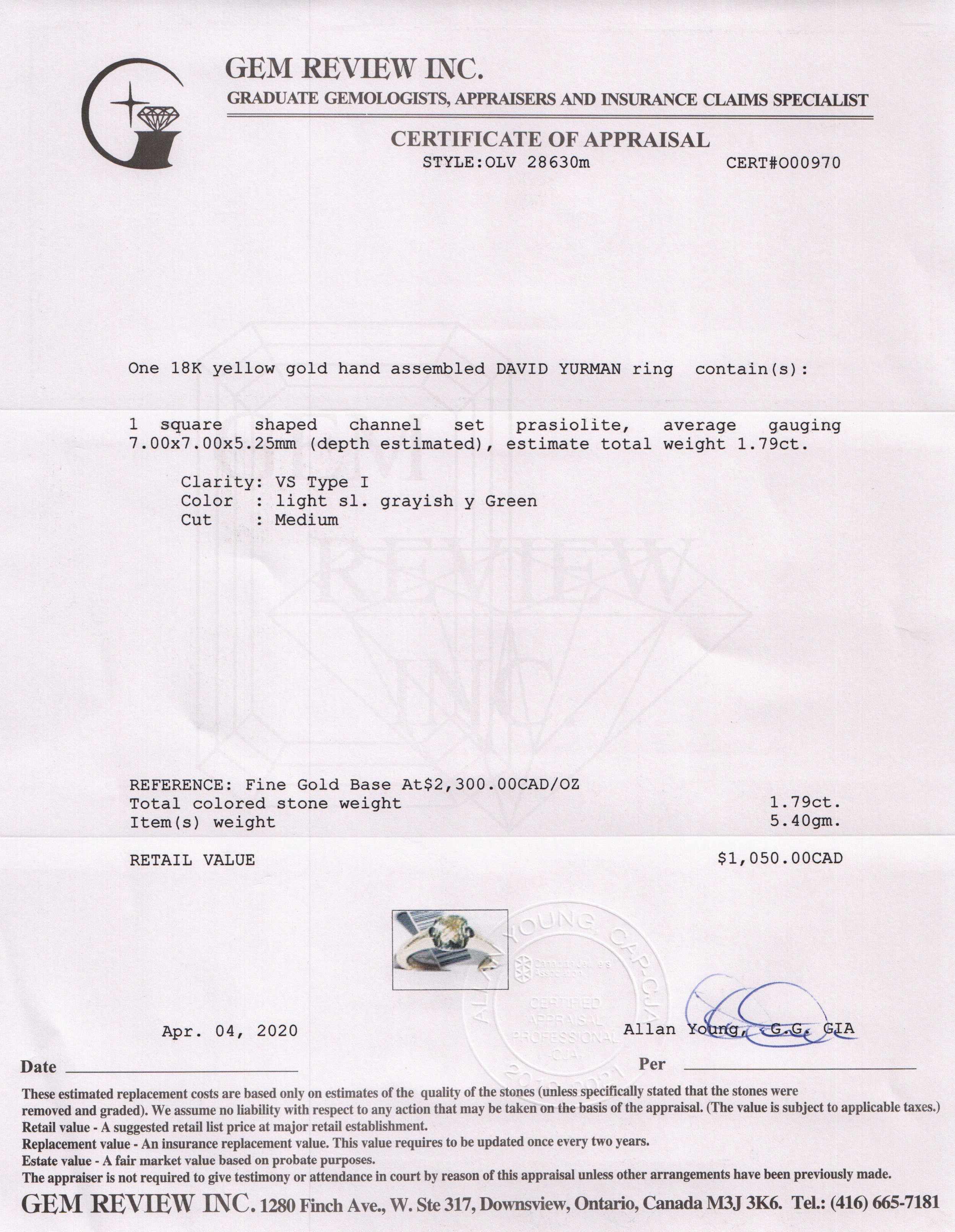 David Yurman 18k Gold Prasiolite Cocktail Ring