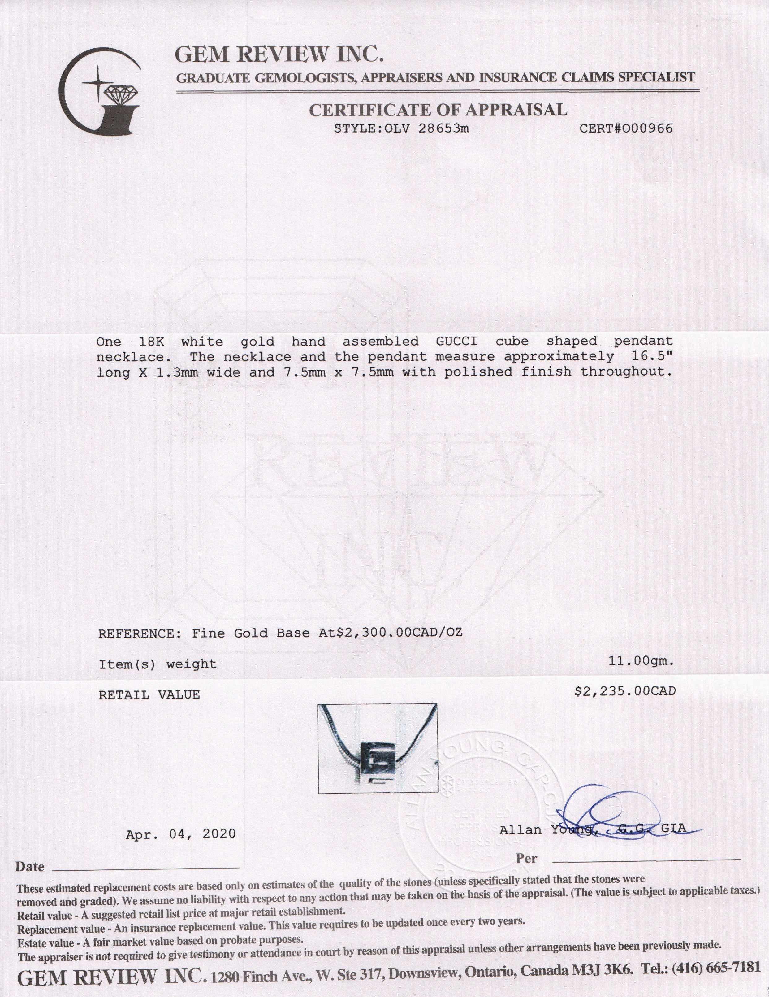 Gucci 18k White Gold Cube Necklace