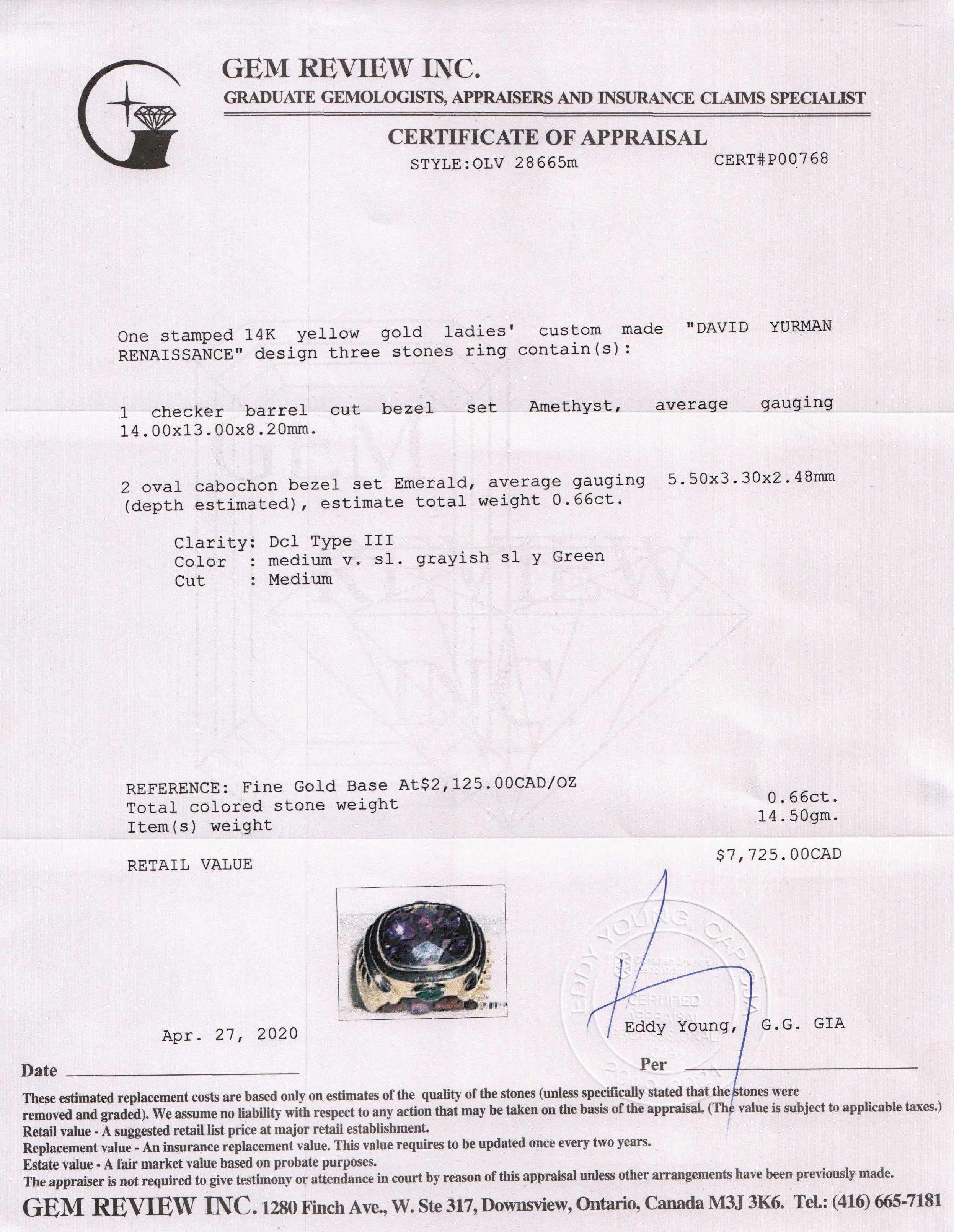 David Yurman 14k Gold Amethyst Renaissance Ring