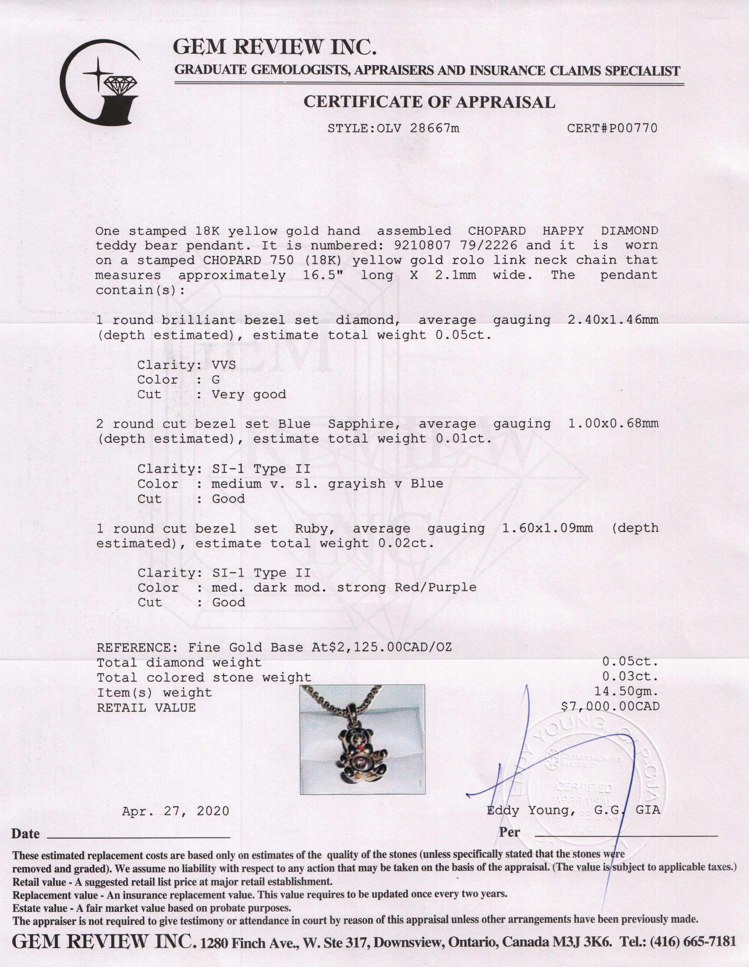 Chopard 18k Gold Happy Diamonds Teddy Bear Pendant Necklace