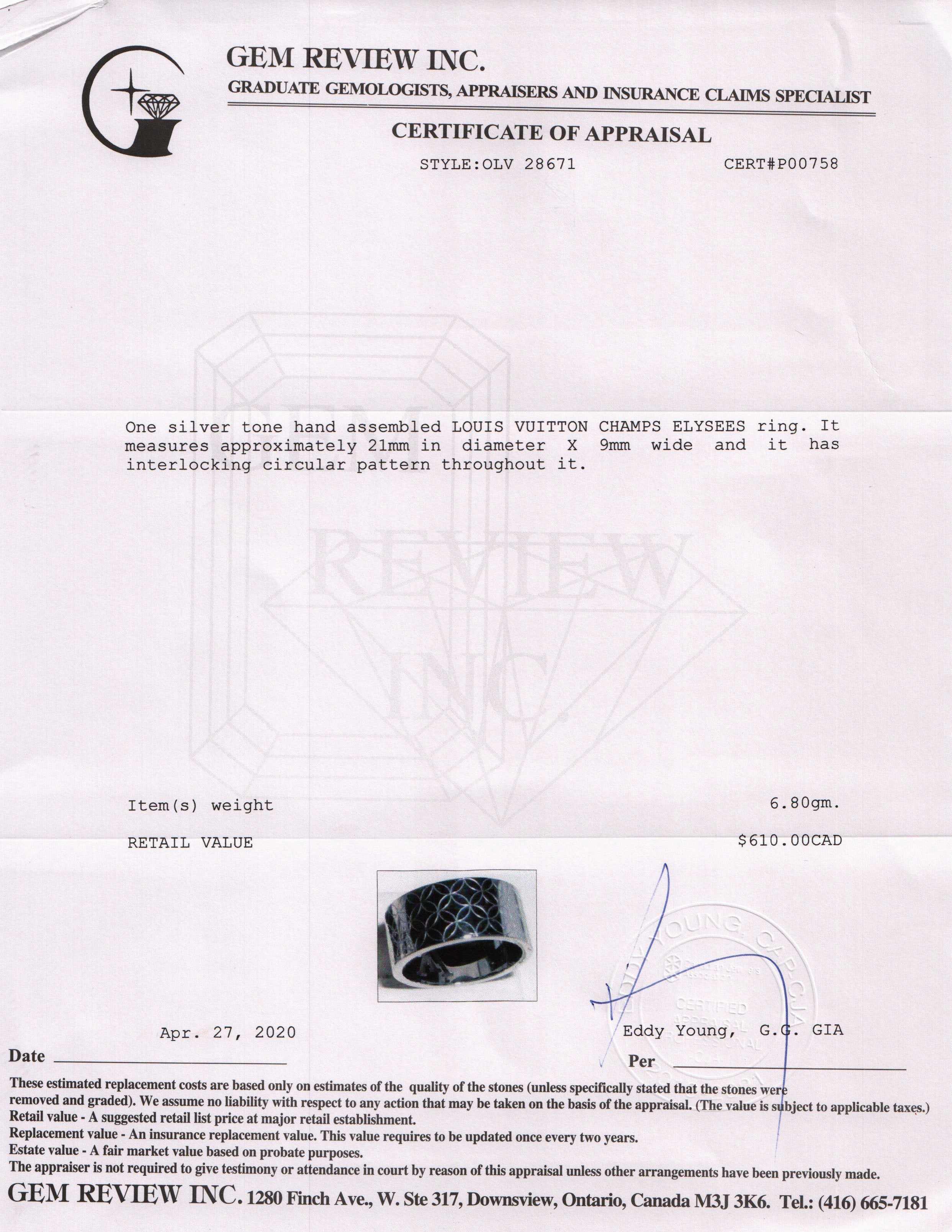 Louis Vuitton Champs-Elysees Ring w/ Box