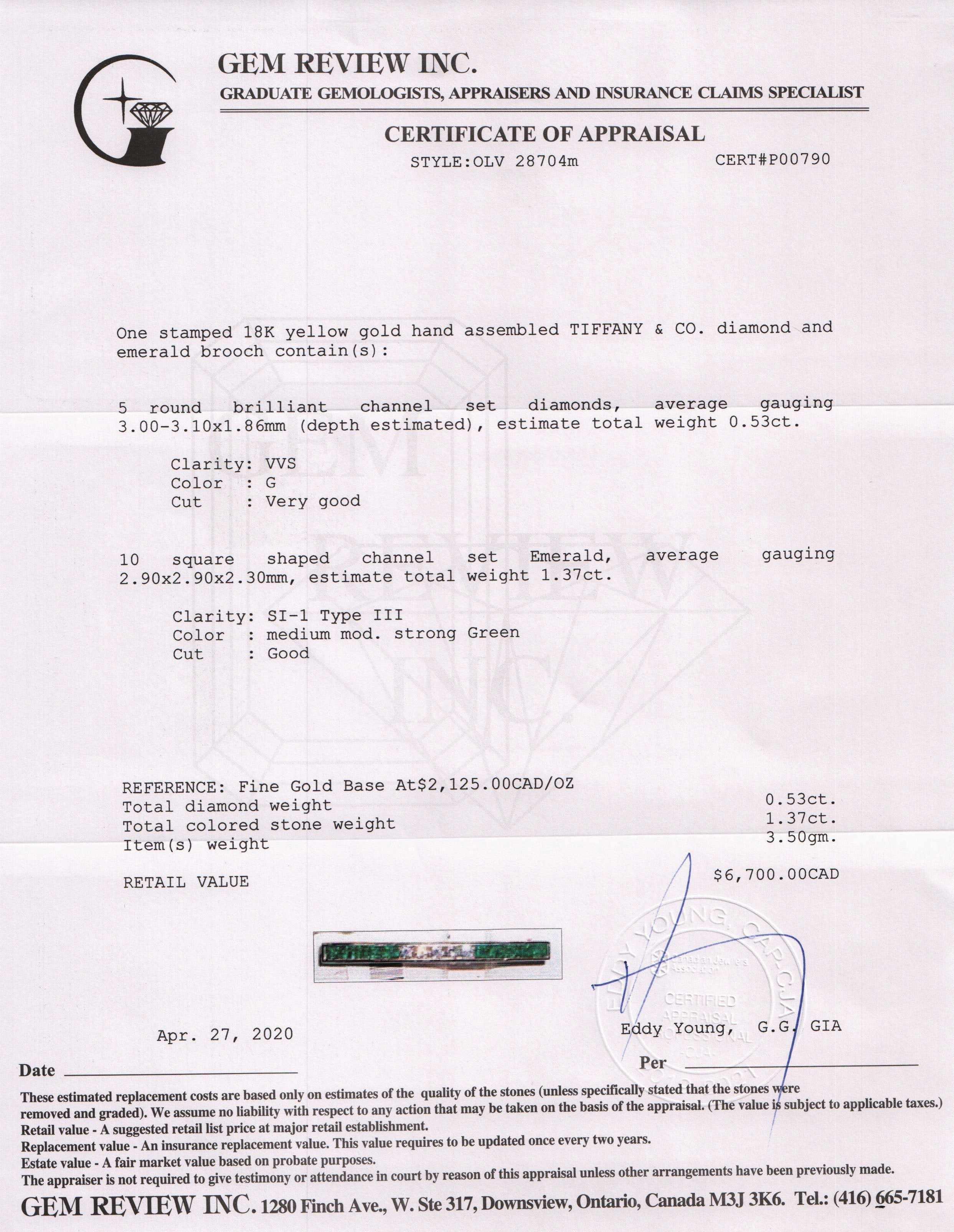 Tiffany & Co. Emerald & Diamond Bar Brooch