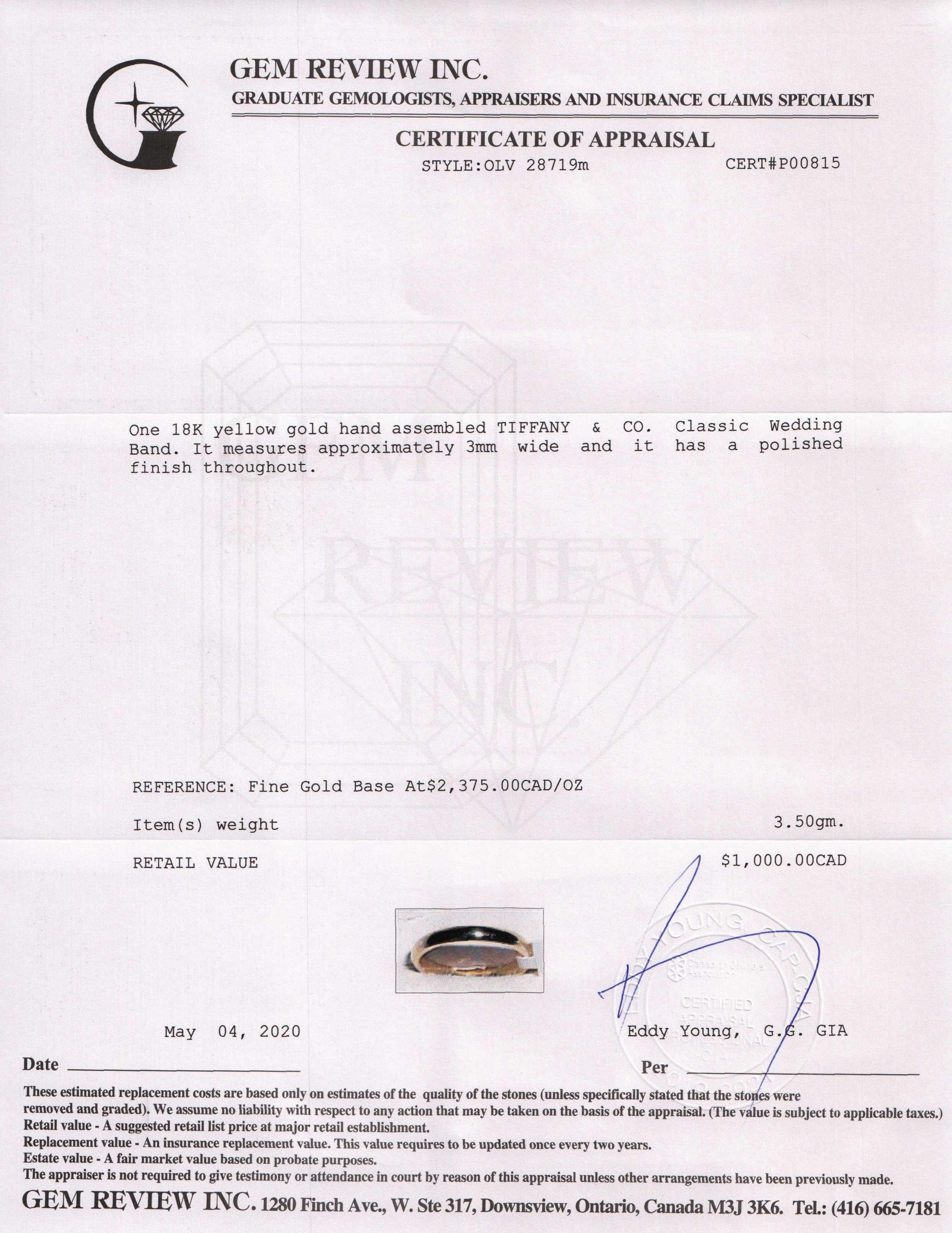 Tiffany & Co. 18k Gold Classic Wedding Band Ring