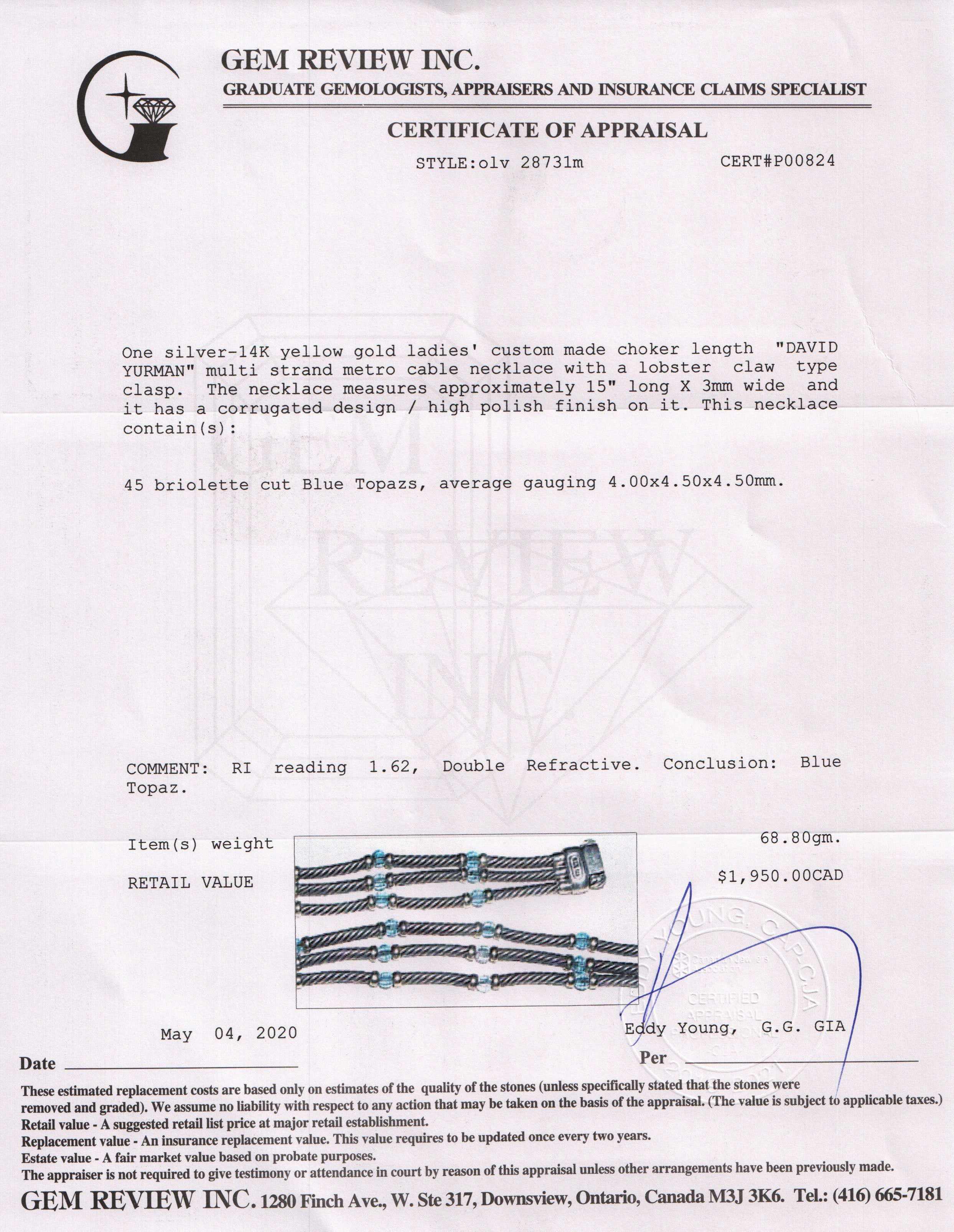 David Yurman Two-Tone Blue Topaz Multi-Strand Metro Cable Necklace