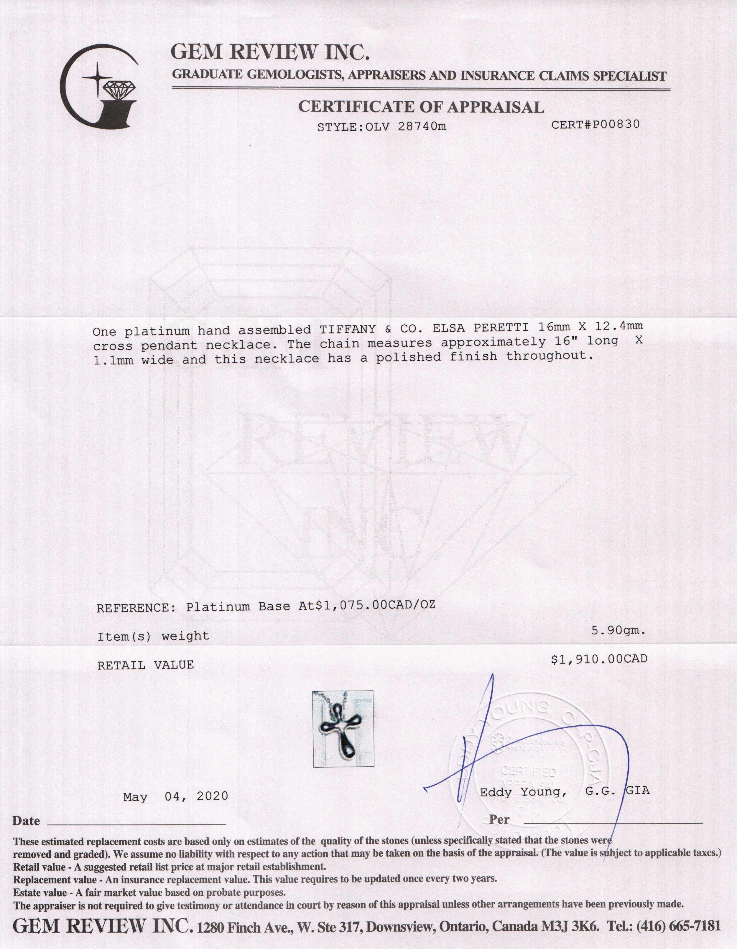 Tiffany & Co. Platinum Elsa Peretti Cross Pendant Necklace