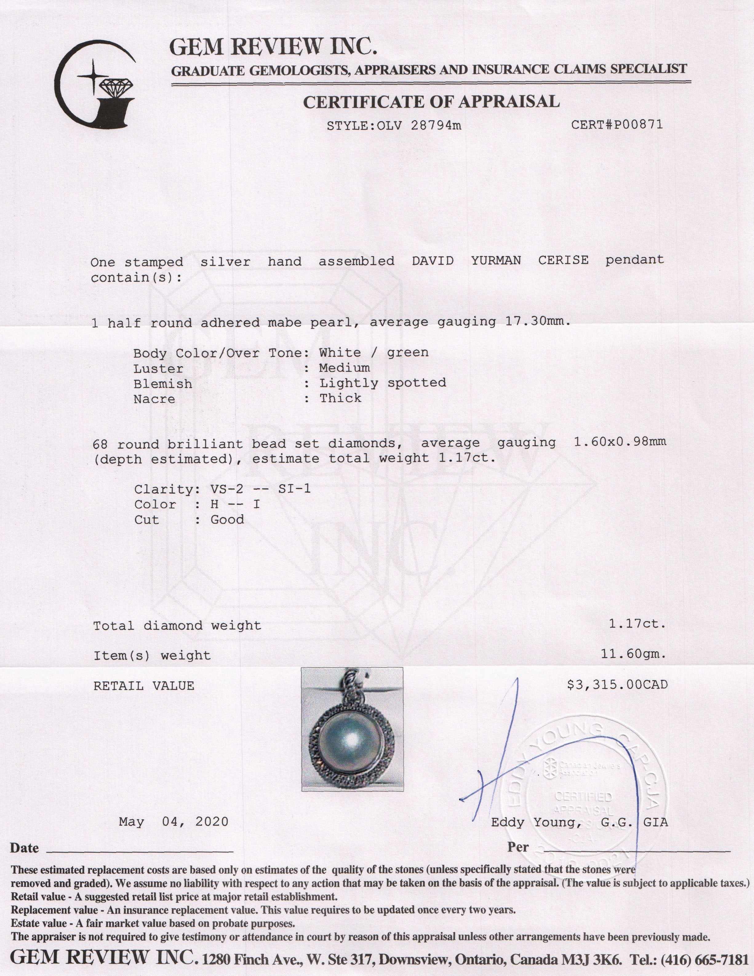 David Yurman Mabe Pearl & Diamond Cerise Enhancer Pendant