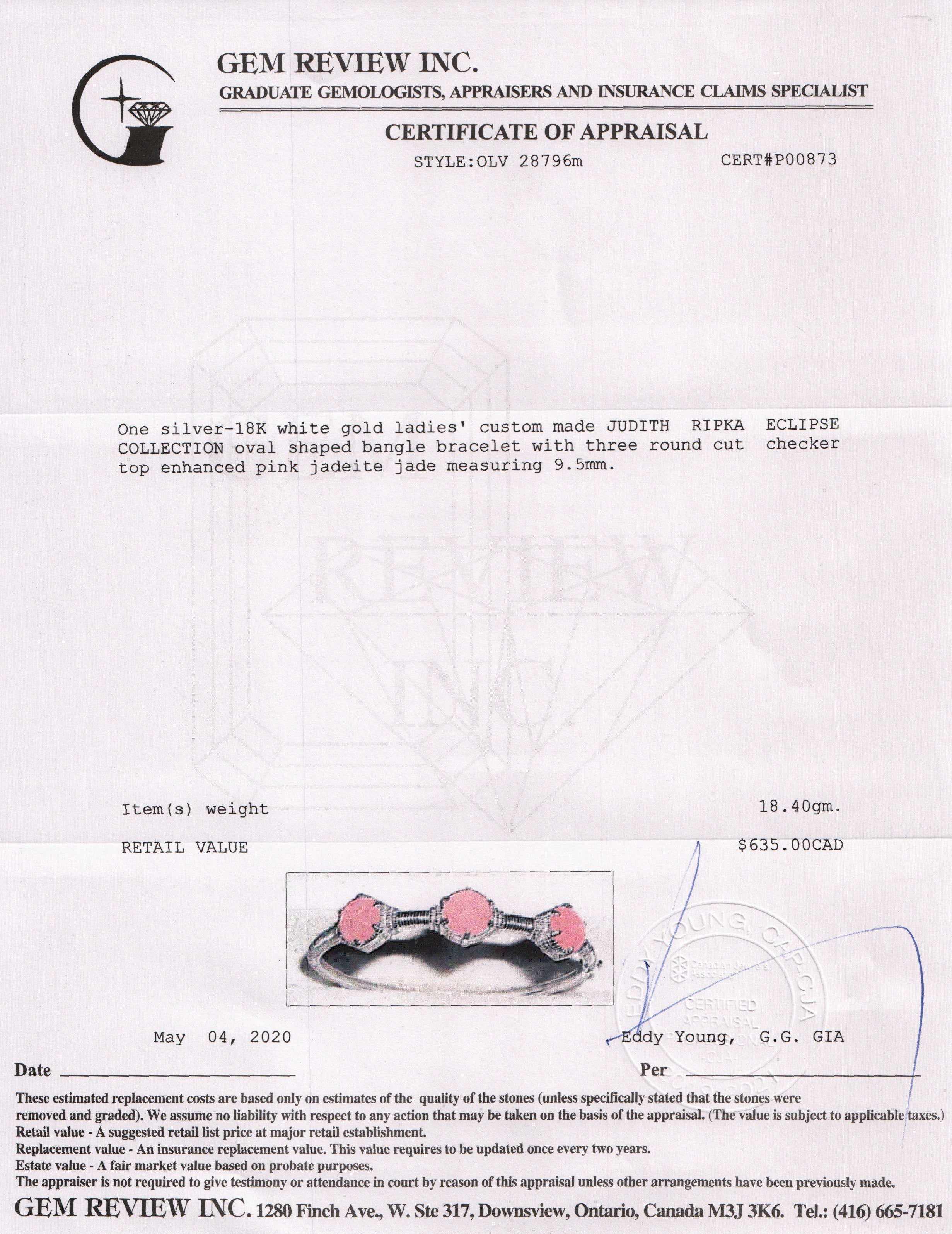 Judith Ripka Three Stone Pink Jade Bangle