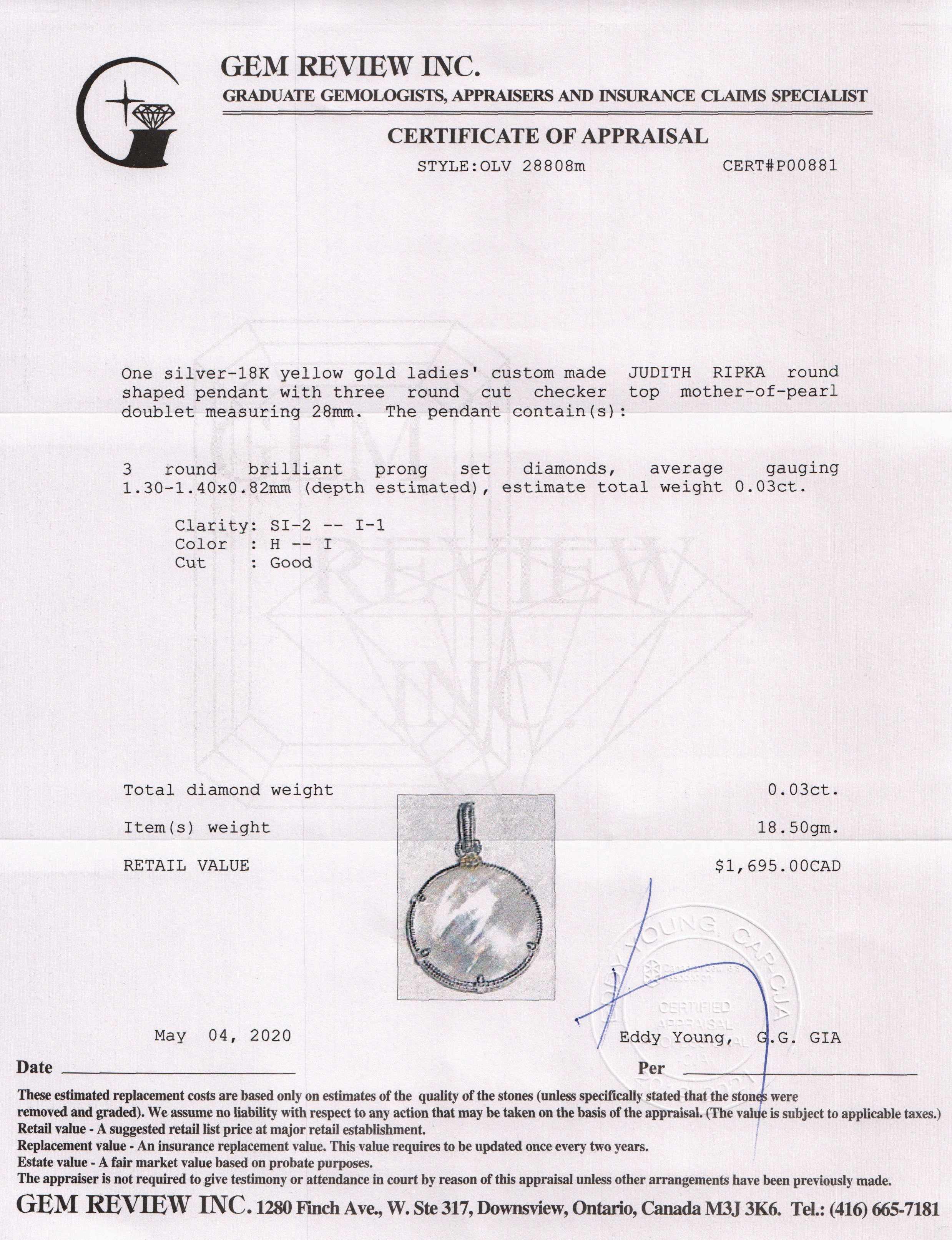 Judith Ripka Mother of Pearl Doublet and Diamond Eclipse Pendant