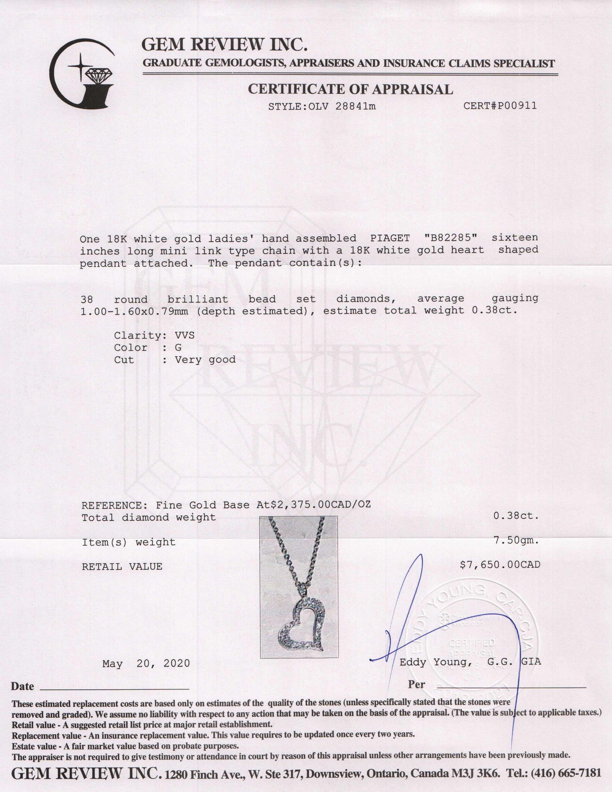 Piaget 18k White Gold & Diamond Heart Pendant Necklace