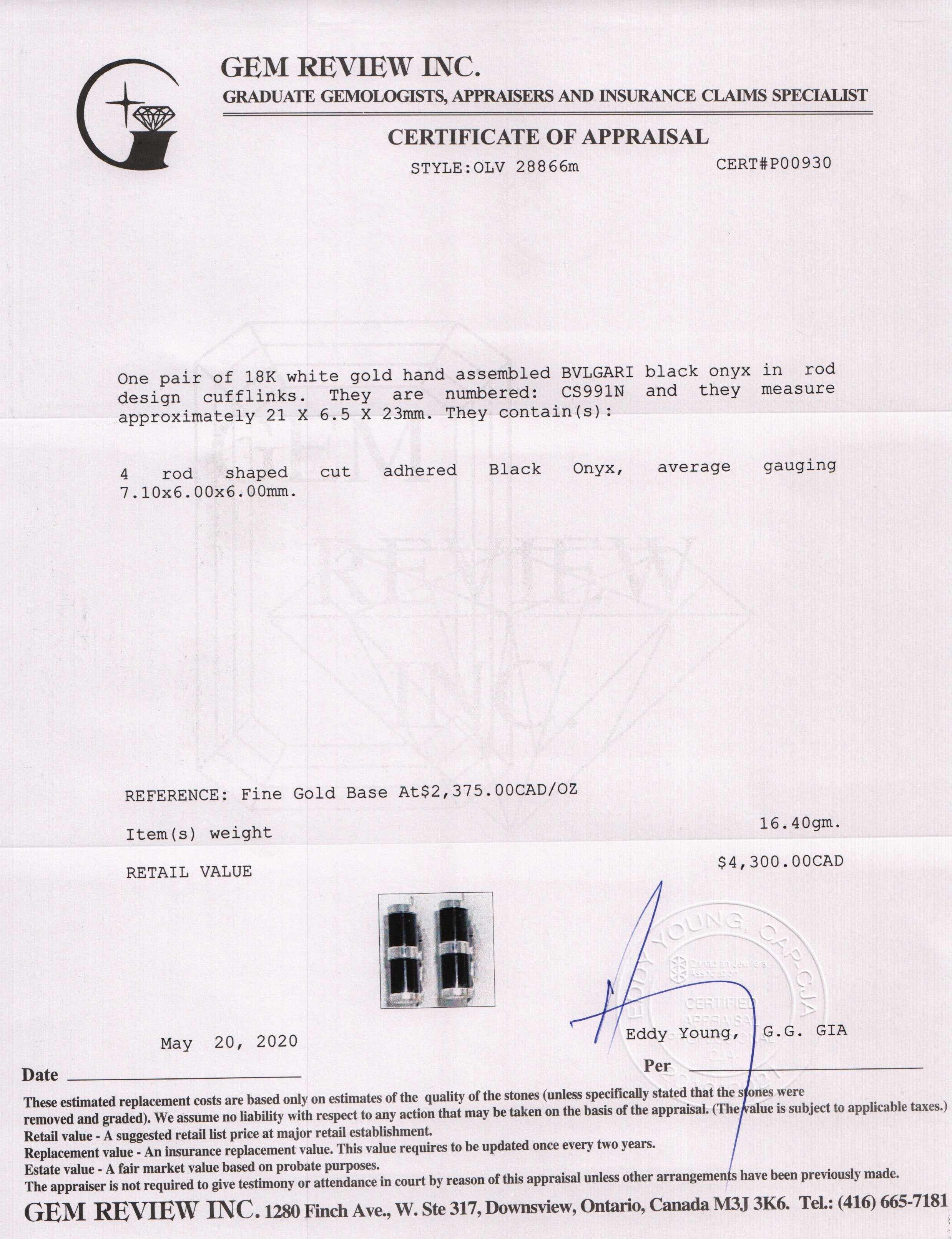 BVLGARI 18k White Gold Black Onyx Cufflinks