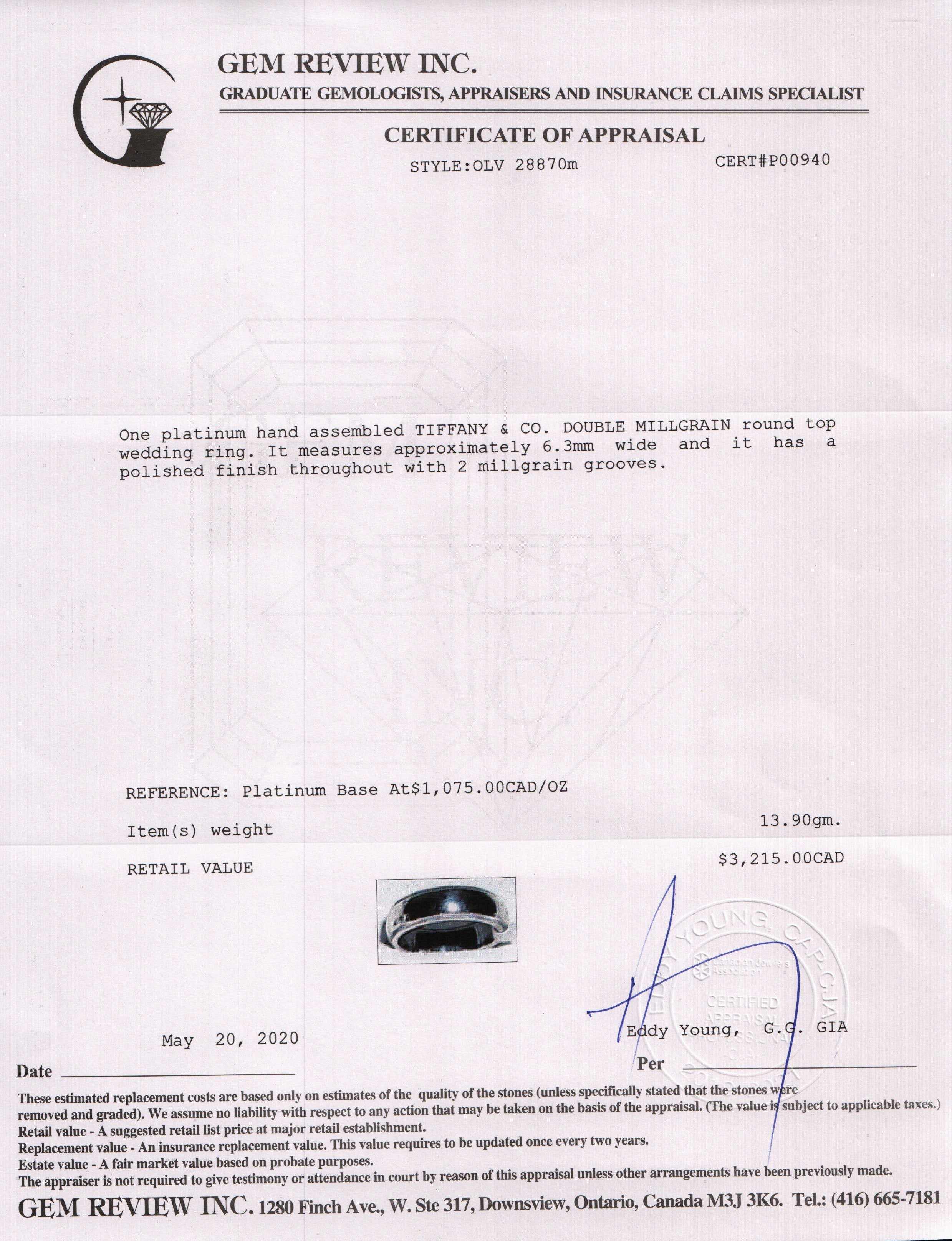 Tiffany & Co. Platinum Classic Milgrain Wedding Band Ring