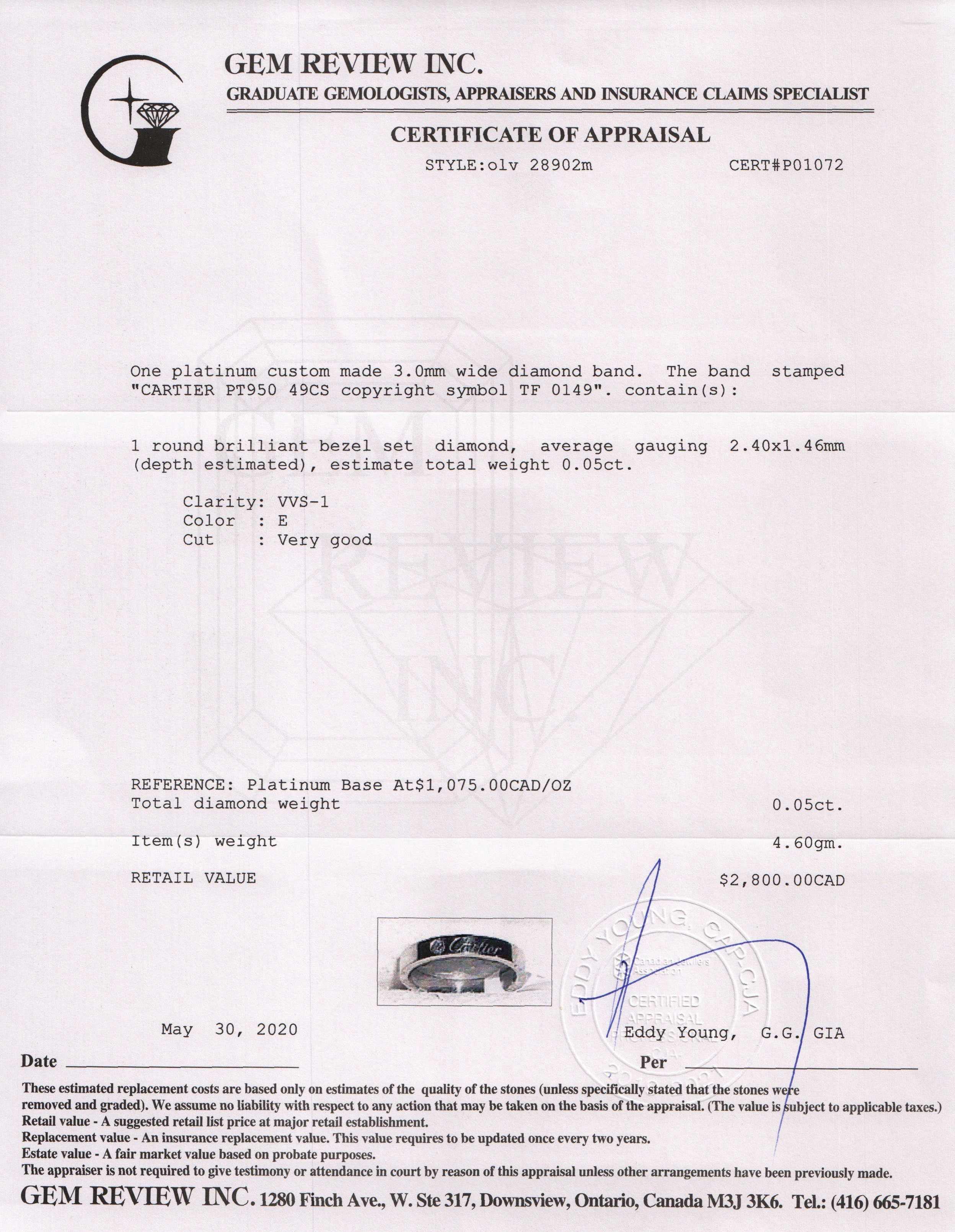 Cartier Platinum C de Cartier Diamond Wedding Band Ring