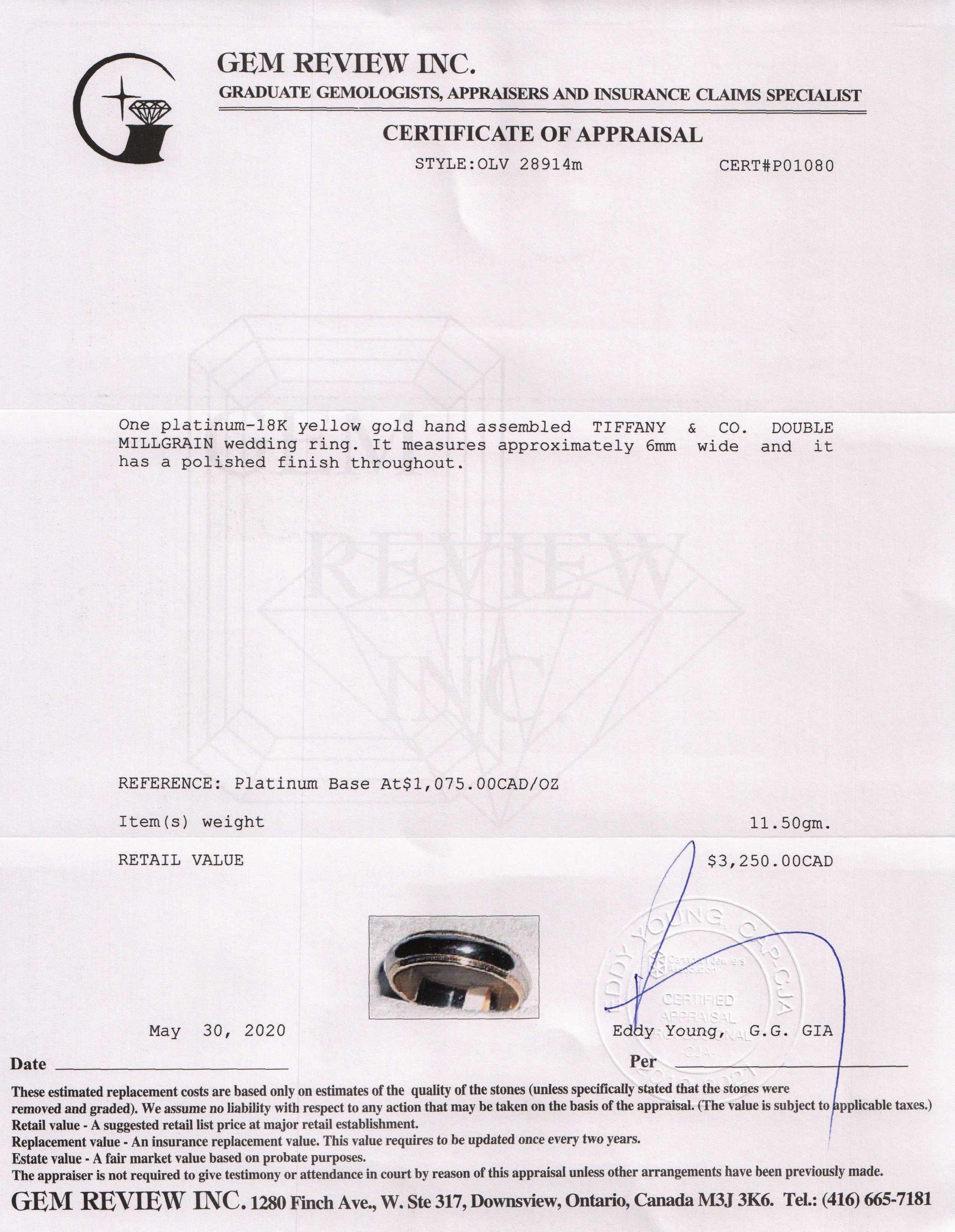 Tiffany & Co. Two-Tone Classic Milgrain Wedding Band Ring