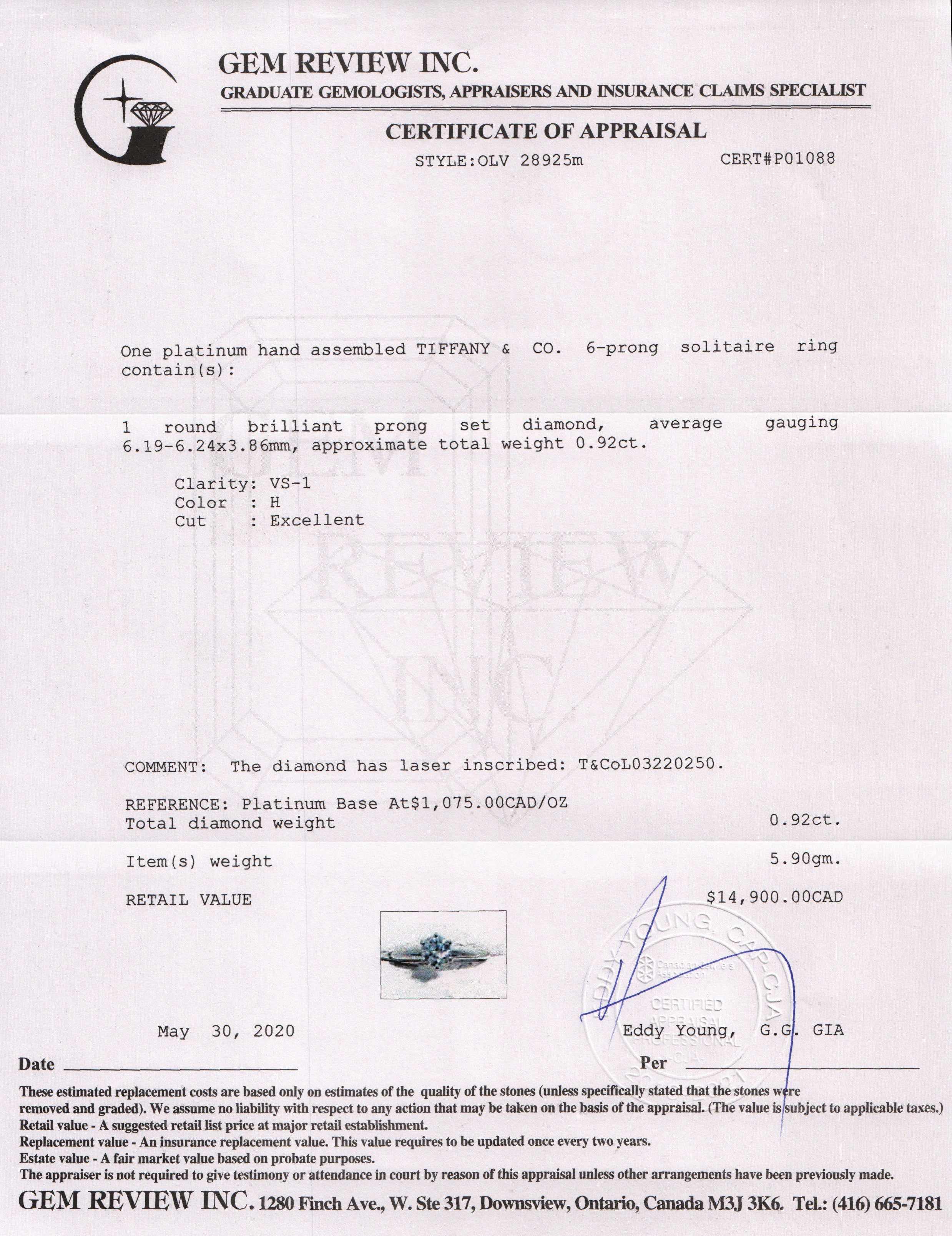 Tiffany & Co. Solitaire 0.92 ct. Round Diamond Engagement Ring