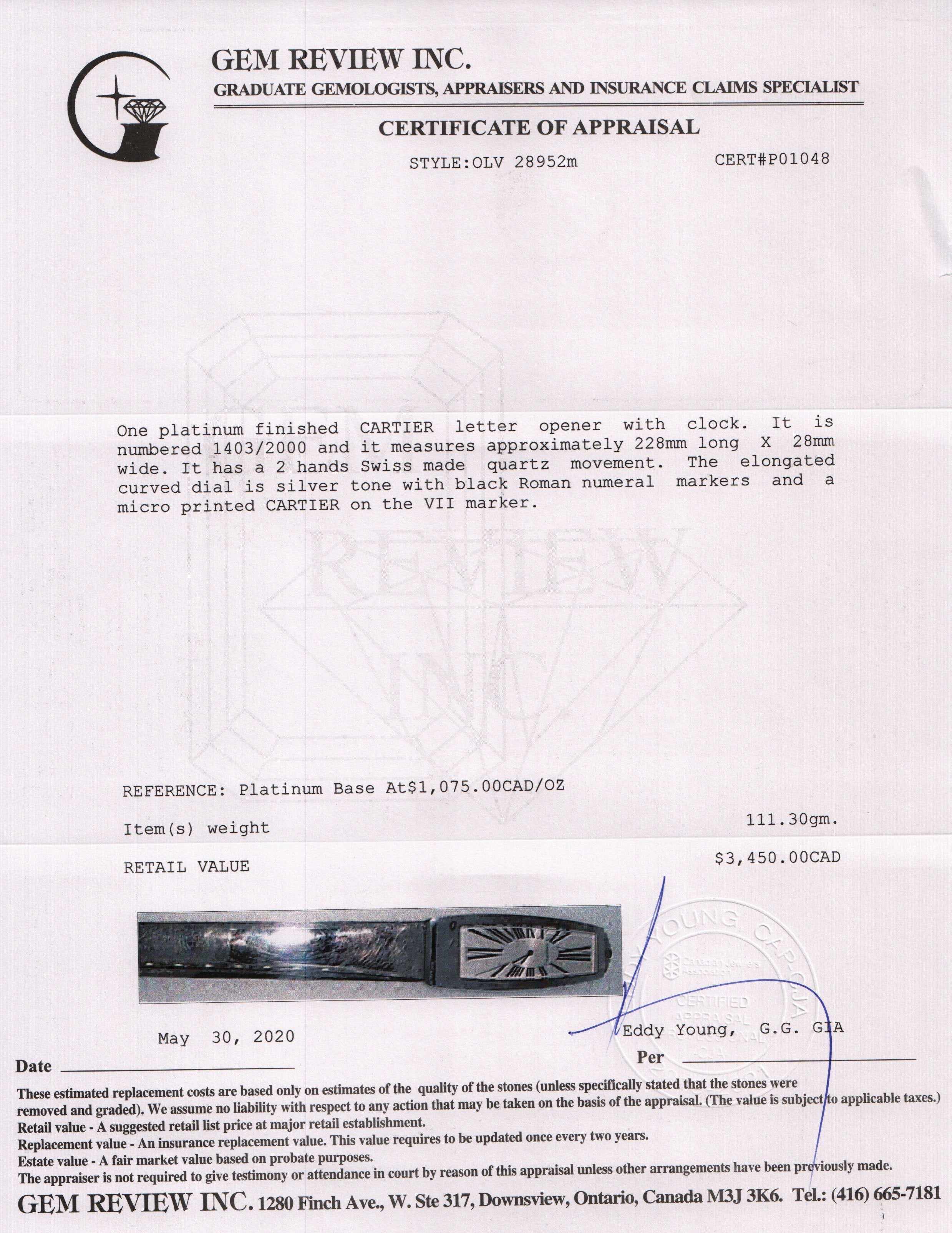 Cartier Rare Limited Edition Clock Letter Opener w/ Box